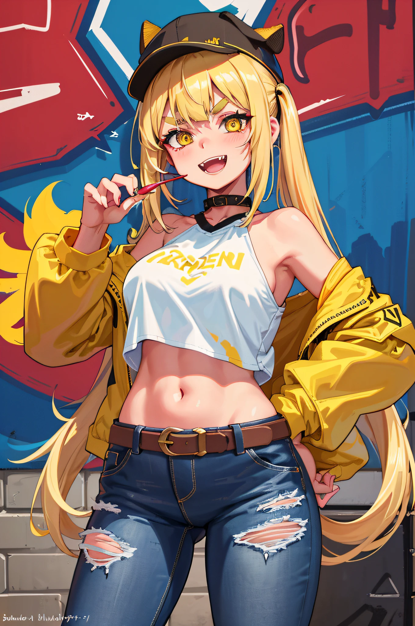 Original Character, Volumetric Lighting, Best Shadows, Shallow Depth of Field, Portrait Of Stunningly Beautiful Girl, Petite, Delicate Beautiful Attractive Face With Alluring Yellow Eyes, Messy Painted Face, Sharp Eyebrows, Broadly Smiling, Open Mouth, Fangs Out, Lovely Medium Breasts, Layered Long Twintail Blond Hair, Blush Eyeshadow, Thick Eyelashes, Applejack Hat, Oversized Pop Jacket, Mini Underboob Tee, Open Navel, Slim Waist, Denim Jeans Pants, With Buckle Belt, In The Graffiti Alley, Waste Container, Outside Stairs, Outdoor Unit, Holding Spray Paint Can, Standing, (Highest Quality, Amazing Details:1.25), (Solo:1.3), Brilliant Colorful Paintings