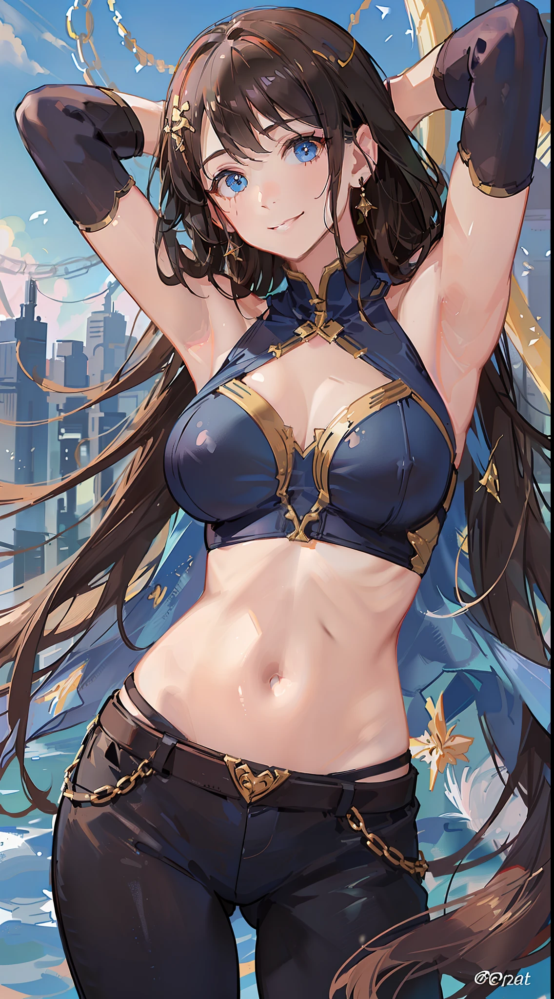 Young girl, long brown hair, blue eyes, blue top, sleeveless, open arms, open belly, pants, smile, masterpiece, high quality