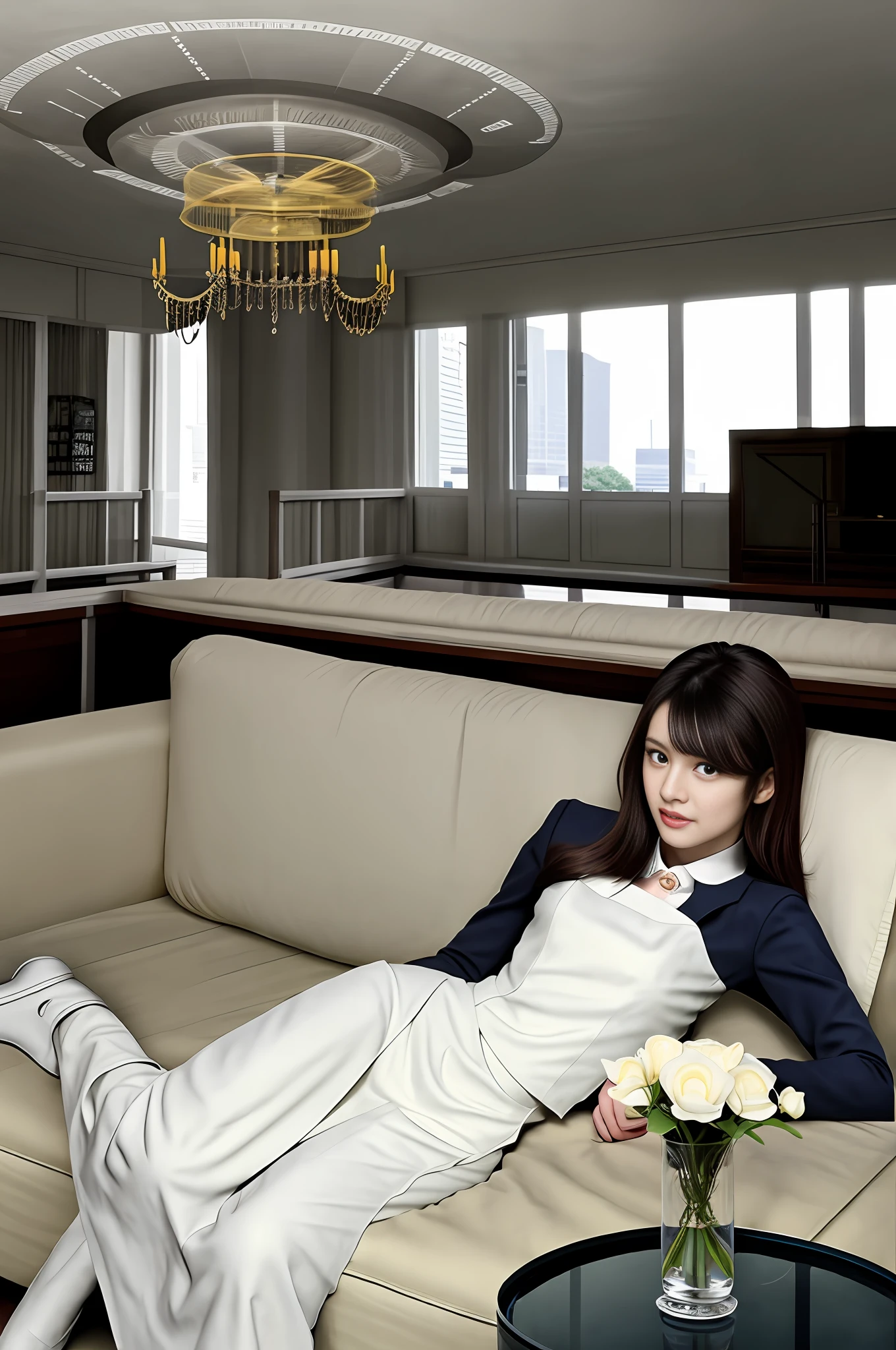 White dress woman sitting on sofa, court, Hanfu girl, ancient Hanfu, white Hanfu, inspired by Gu An, Chinese style, 1girl, more details, 8k, top quality, realistic characters, realistic characters, more body details.