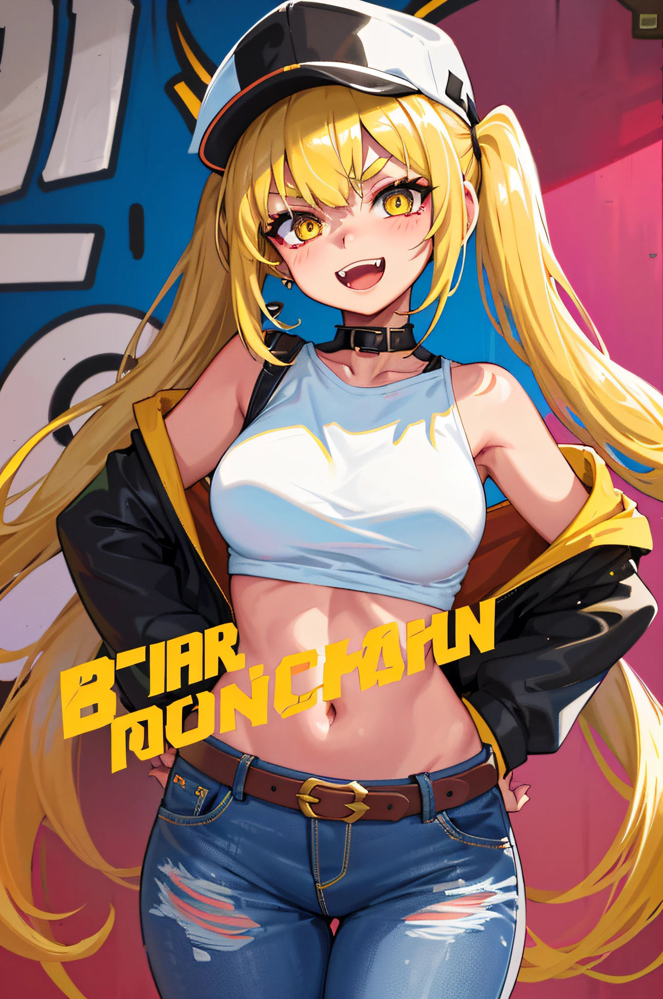 Original Character, Volumetric Lighting, Best Shadows, Shallow Depth of Field, Portrait Of Stunningly Beautiful Girl, Petite, Delicate Beautiful Attractive Face With Alluring Yellow Eyes, Messy Painted Face, Sharp Eyebrows, Broadly Smiling, Open Mouth, Fangs Out, Lovely Medium Breasts, Layered Long Twintail Blond Hair, Blush Eyeshadow, Thick Eyelashes, Applejack Hat, Oversized Pop Jacket, Mini Underboob Tee, Open Navel, Slim Waist, Denim Jeans Pants, With Buckle Belt, In The Graffiti Alley, Waste Container, Outside Stairs, Outdoor Unit, Holding Spray Paint Can, Standing, (Highest Quality, Amazing Details:1.25), (Solo:1.3), Brilliant Colorful Paintings