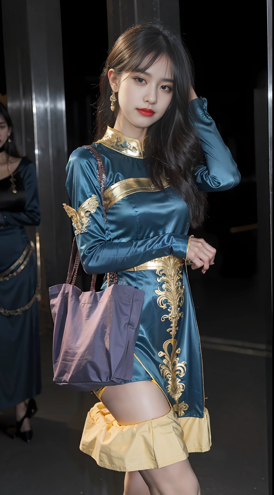 Beauty beauty, real, high quality, super details, blue dress, gold edge, high-end, long sleeves, silk material, high-end, holding a blue bag in your hand, golden blue clothing, imperial royal elegant clothing, astral witch costume, moon theme costume, fantasy style costume, blue silk dress, golden damask dark blue clothing, wearing fantasy formal dress, fantasy costume, blue traditional clothing, Victoria blue dress,