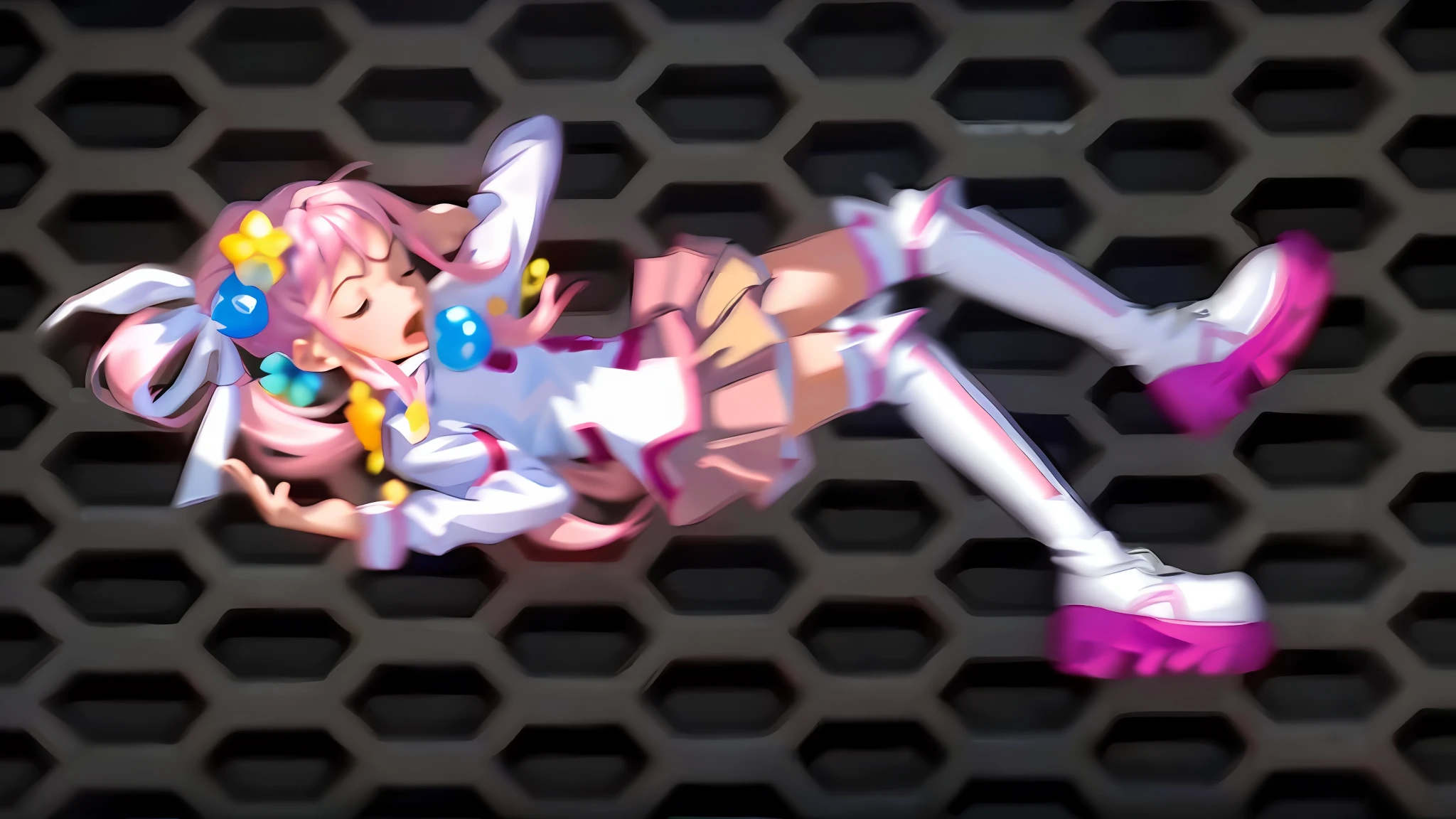 (Masterpiece: 1.5), (Best quality: 1.5), 8k,1 girl, eyes closed, mouth open, scream, my pink hair, single ponytail, white top, pink pleated skirt, pink over-the-knee socks, white long boots, simple background, hallway