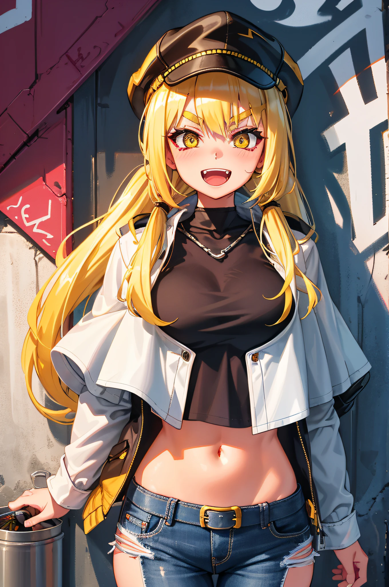 Original Character, Volumetric Lighting, Best Shadows, Shallow Depth of Field, Portrait Of Stunningly Beautiful Girl, Petite, Delicate Beautiful Attractive Face With Alluring Yellow Eyes, Messy Painted Face, Sharp Eyebrows, Broadly Smiling, Open Mouth, Fangs Out, Lovely Medium Breasts, Layered Long Twintail Blond Hair, Blush Eyeshadow, Thick Eyelashes, Applejack Hat, Oversized Pop Jacket, Mini Underboob Tee, Open Navel, Slim Waist, Denim Jeans Pants, With Buckle Belt, In The Graffiti Alley, Waste Container, Outside Stairs, Outdoor Unit, Holding Spray Paint Can, Standing, (Highest Quality, Amazing Details:1.25), (Solo:1.3), Brilliant Colorful Paintings