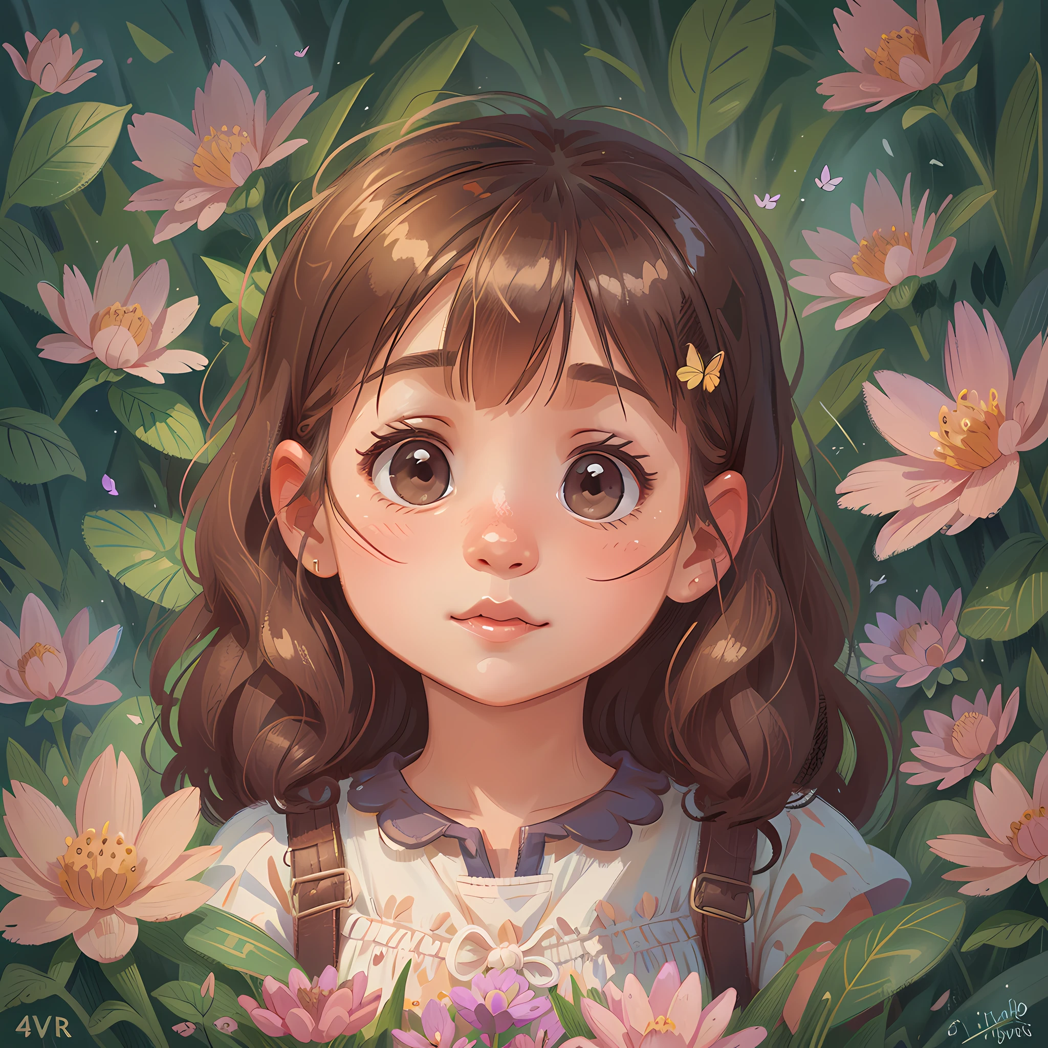 Tip: A very charming little girl enjoying a lovely summer surrounded by beautiful flowers surrounded by butterflies and nature. The illustration is a high-definition illustration in 4K resolution with highly detailed facial features and cartoon-style visuals.
