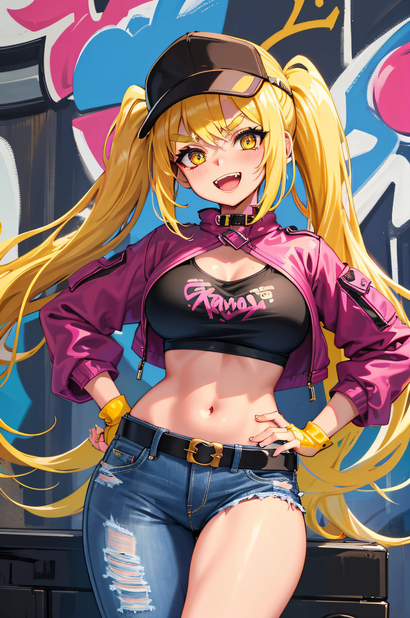 Original Character, Volumetric Lighting, Best Shadows, Shallow Depth of Field, Portrait Of Stunningly Beautiful Girl, Petite, Delicate Beautiful Attractive Face With Alluring Yellow Eyes, Messy Painted Face, Sharp Eyebrows, Broadly Smiling, Open Mouth, Fangs Out, Lovely Medium Breasts, Layered Long Twintail Blond Hair, Blush Eyeshadow, Thick Eyelashes, Applejack Hat, Oversized Pop Jacket, Mini Underboob Tee, Open Navel, Slim Waist, Denim Jeans Pants, With Buckle Belt, In The Graffiti Alley, Waste Container, Outside Stairs, Outdoor Unit, Holding Spray Paint Can, Standing, (Highest Quality, Amazing Details:1.25), (Solo:1.3), Brilliant Colorful Paintings