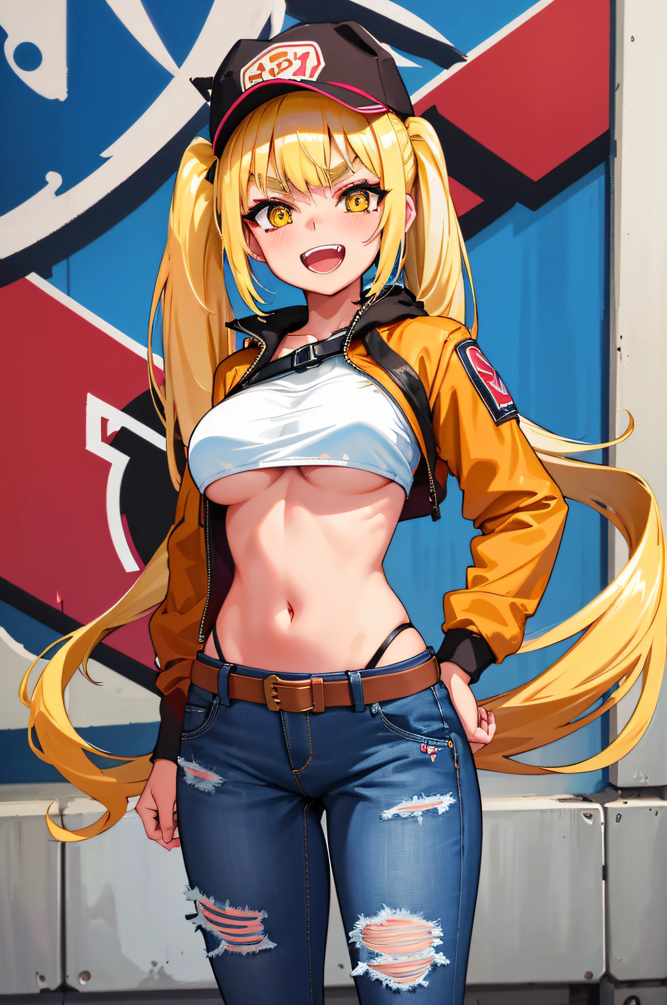 Original Character, Volumetric Lighting, Best Shadows, Shallow Depth of Field, Portrait Of Stunningly Beautiful Girl, Petite, Delicate Beautiful Attractive Face With Alluring Yellow Eyes, Messy Painted Face, Sharp Eyebrows, Broadly Smiling, Open Mouth, Fangs Out, Lovely Medium Breasts, Layered Long Twintail Blond Hair, Blush Eyeshadow, Thick Eyelashes, Applejack Hat, Oversized Pop Jacket, Mini Underboob Tee, Open Navel, Slim Waist, Denim Jeans Pants, With Buckle Belt, In The Graffiti Alley, Waste Container, Outside Stairs, Outdoor Unit, Holding Spray Paint Can, Standing, (Highest Quality, Amazing Details:1.25), (Solo:1.3), Brilliant Colorful Paintings