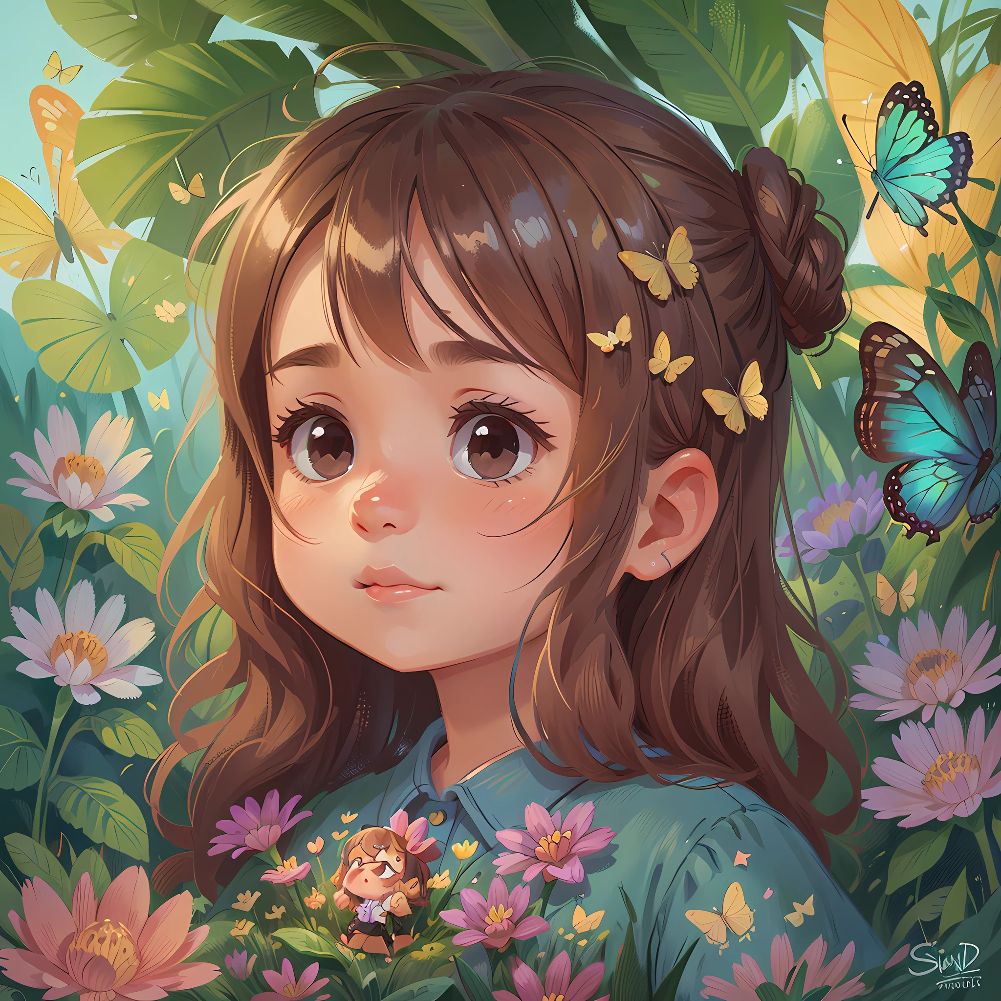 Tip: A very charming little girl enjoying a lovely summer surrounded by beautiful flowers surrounded by butterflies and nature. The illustration is a high-definition illustration in 4K resolution with highly detailed facial features and cartoon-style visuals.