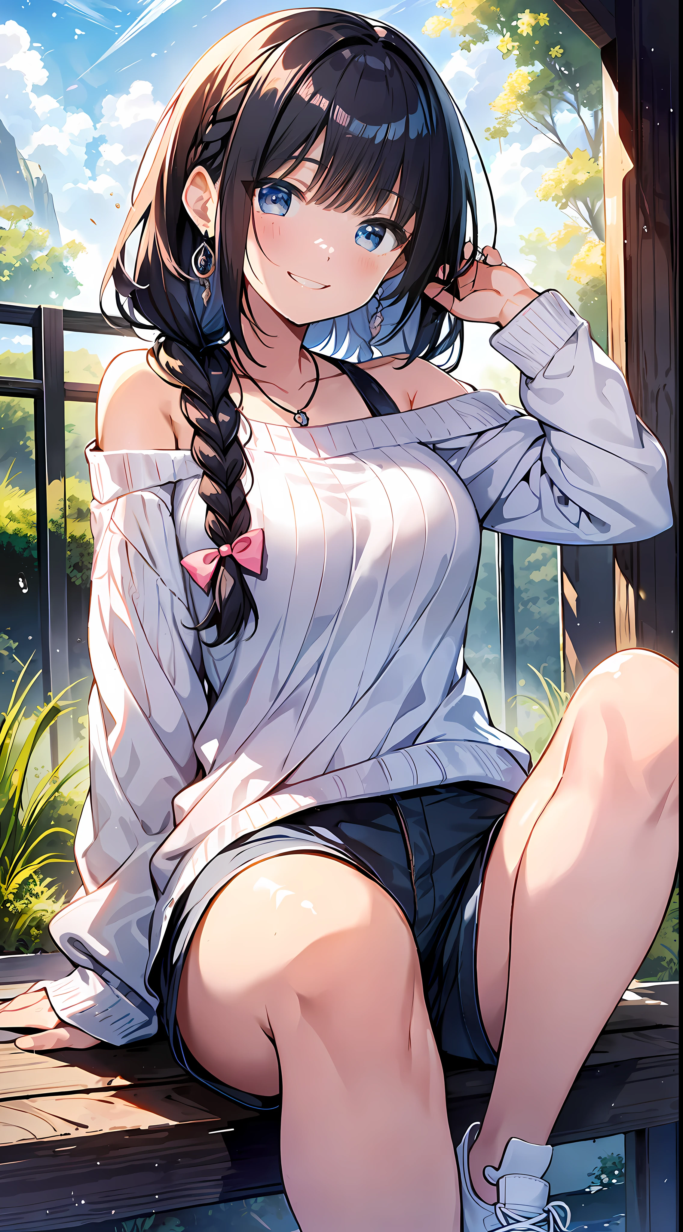 Top Quality, Masterpiece, Ultra High Definition, 8K, Summer Sky, Early Summer, (Shorts, Light Knitwear, Sneakers), Shojo Manga Style , One, Soft Line Art, Digital Enhancement, Shojo Manga Touch, Shoujo Manga Core, Flowing Fabric, Close Up, (Hair length and short braid to the shoulders)), Wet Hair, Staring at us from the front, Soft drawing, Beautiful Black Hair, Clear eyes, ((teasing smile)), ultra-detailed digital anime art, clear face depiction, ultra-detailed shojo manga character art, clear facial features, ultra-detailed manga style, top quality colors, hand gestures, landscape with nature, looking up at the sky, angle that can see up to your feet, sit
