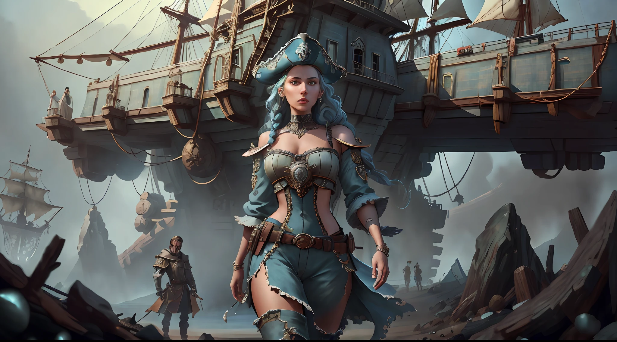 (((Multi-person interaction, with male and female))), (Highly detailed RAW color photo, ridiculous resolution, high resolution, super detailed), ((r 9 6 angles)), blue skin, handsome, fearless and brave expression, mature, thin shoulders, very thin body, black captive dark pirate hat, white dirty braids, vibrant green eyes, (detailed eyes and detailed face), extremely detailed 8k photo, (full body: 0.9), beautiful woman, overboard, offboard background, detailed face, (Medieval Fantasy Theme: 1.3), Light Blue Pirate Theme Armor with Highly Intricate Details, Blue Pants, Ship in the Background, Inside the Ship, Deck of the Ship, Inspired by Dungeons & Dragons, Digital Artwork, Surreal, Photography, Soft Lighting, Soft Detail, Octane, ArtStation Trend, Ultra High Detail, Surreal, Movie, 16k,