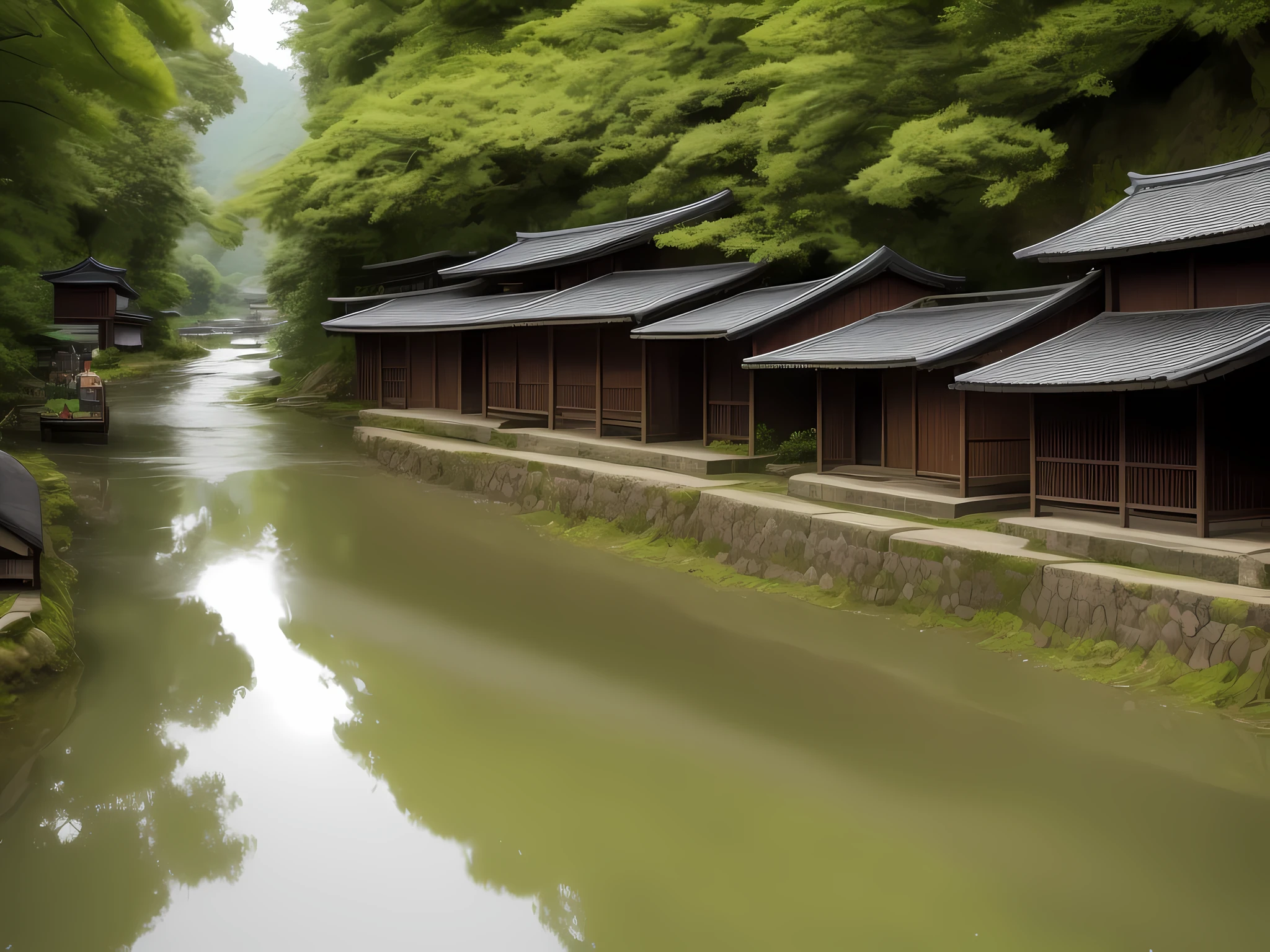 A river meandering delicately through an ancient Japanese village on a rainy day. The river's waters flow smoothly, reflecting the vibrant colors of the traditional wooden houses that line its banks. The rain falls in delicate drops, creating small puddles that mirror the beauty around you. By the river, a gentleman fisherman is immersed in his activity, patiently holding his fishing rod as he waits anxiously for a catch. His calm posture and concentration evidence his deep connection with nature and the ancestral tradition of fishing., Photography, intricate details, perfect features, dramatic, cinematic lighting, accent lighting, SSAA, smooth render, high details, super detail, 8k, 16k, best quality,