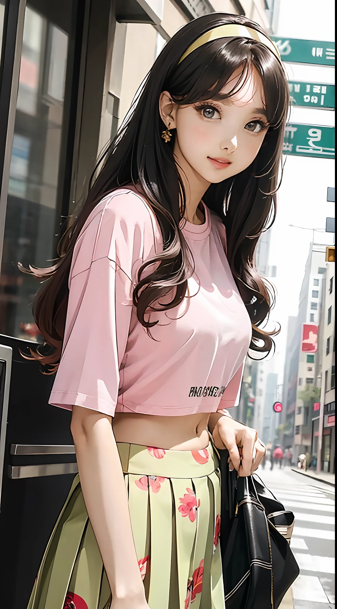 (masterpiece, best quality), beautiful woman, cute printed cropped shirt, pleated skirt, wavy hair, headband, asymmetrical bangs, perfect face, beautiful face, alluring, big gorgeous eyes, soft smile, perfect slim fit body, city streets, seoul, bright colors