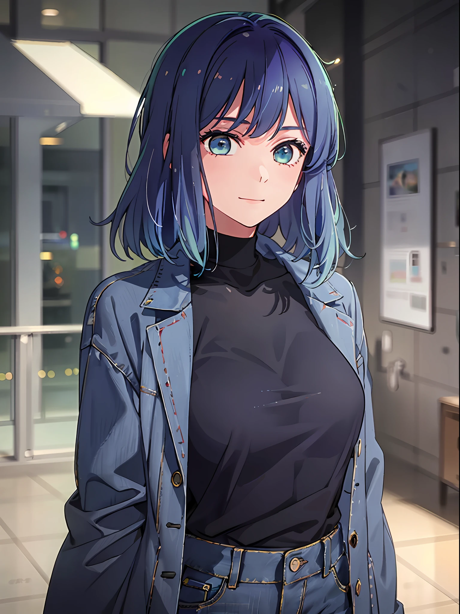 (RAW Photos, Top Quality, Masterpiece), (Real, Photoreal), 1 Girl, Solo, Akane, Blue Hair, Black High Neck Long Sleeves, Coat, Jeans, 3D, Realistic, Live Action, CG, Glowing Hair, Fluttering Hair, Lustrous Skin, Smile
