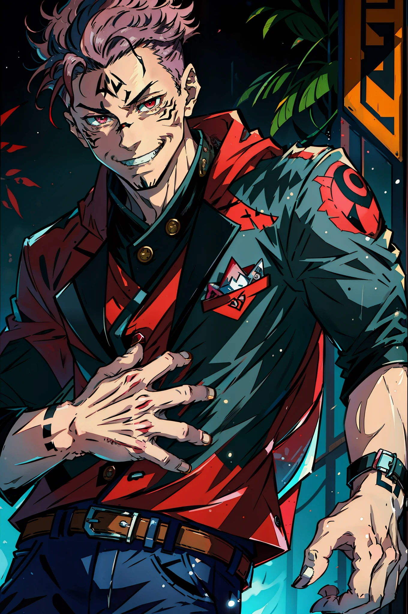 (masterpiece, best quality:1.2), cowboy shot, solo, male focus, 1boy, sukuna, smile, wearing black and red jacket, tattoo_on_his_face, tattoo_ryoumen, hands in a pocket, pink hair,