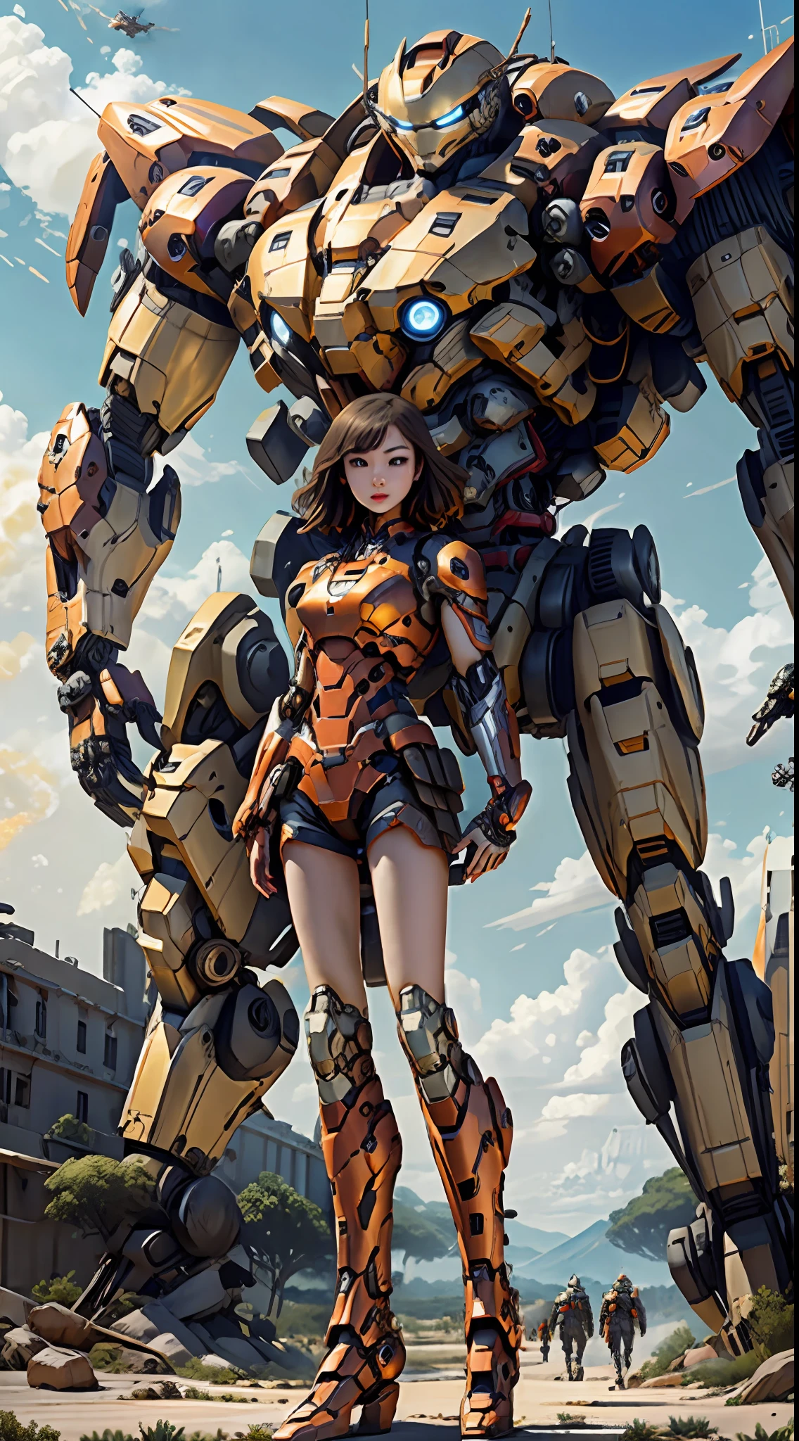 Boutique,best quality,Gold jewelry,(slip out feet),Fairy skin,(Fidelity :1.2),Standing,Super Detailed,realistic,High quality,Movie Light,Ray tracking,Ultra HD,Upper body, Girl in futuristic Iron Man mech, orange dark purple color scheme standing next to giant humanoid tank, tank battery, missile launch equipment, large-caliber gun, Ross tran 8 k, mecha tank network armored fighting vehicle girl,
