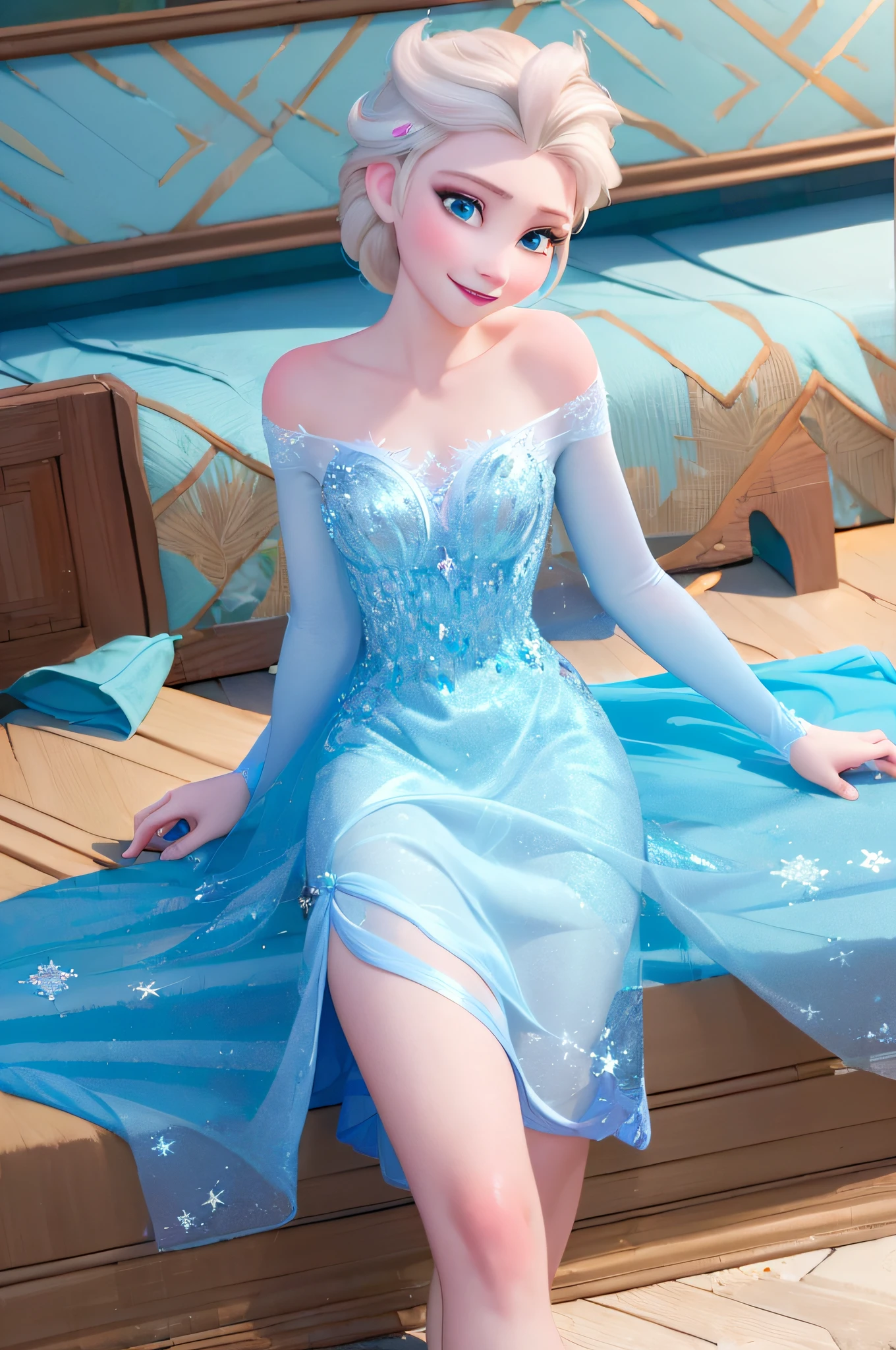 (masterpiece:1.4), (best qualit:1.4), (high resolution:1.4), elsa of arendelle, smile, sitting on bed, ice queen dress, bedroom, looking at viewer, hands at side,