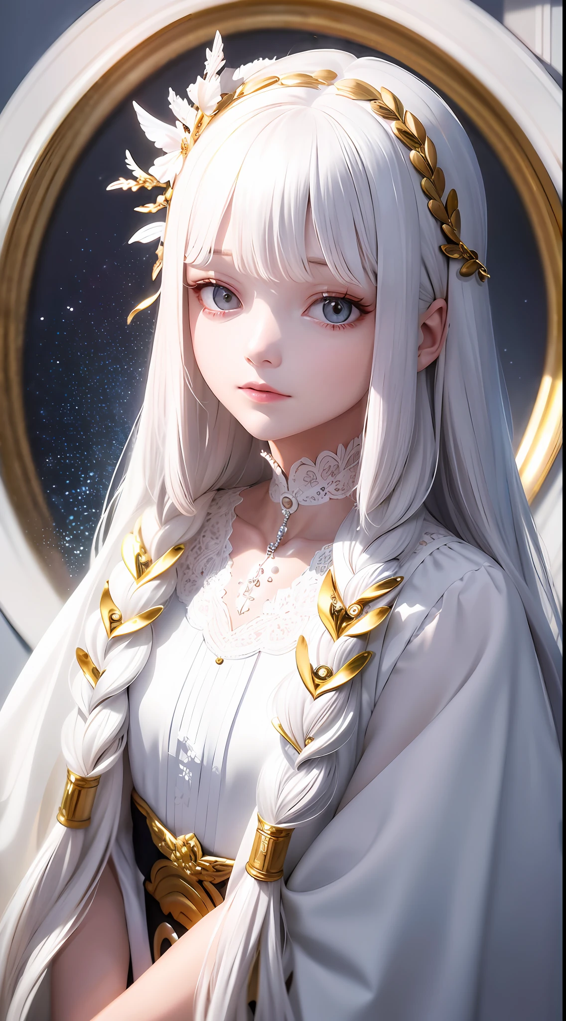 best quality, masterpiece,white hair, gold eyes,white clothes, looking up, upper body,hair strand,Fair skin,side braids