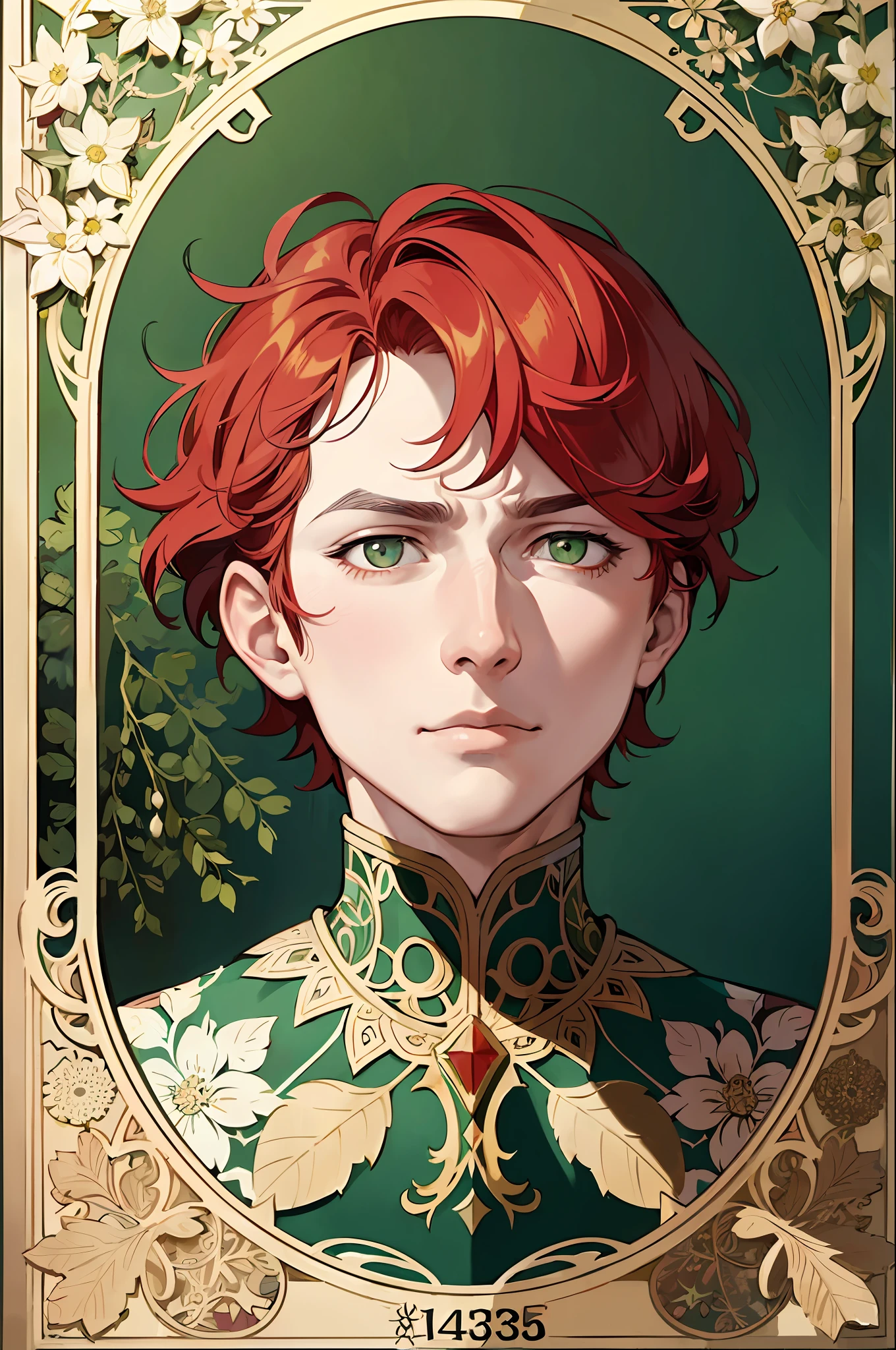 Facial portrait of a European man, short hair, red hair, green eyes, gloomy expression, floral frame, decorative panels, abstract art, Alphonse Mucha (masterpiece, best quality, high resolution: 1.4), detailed, intricate details, 4K, color splash, line art, Fibonacci,