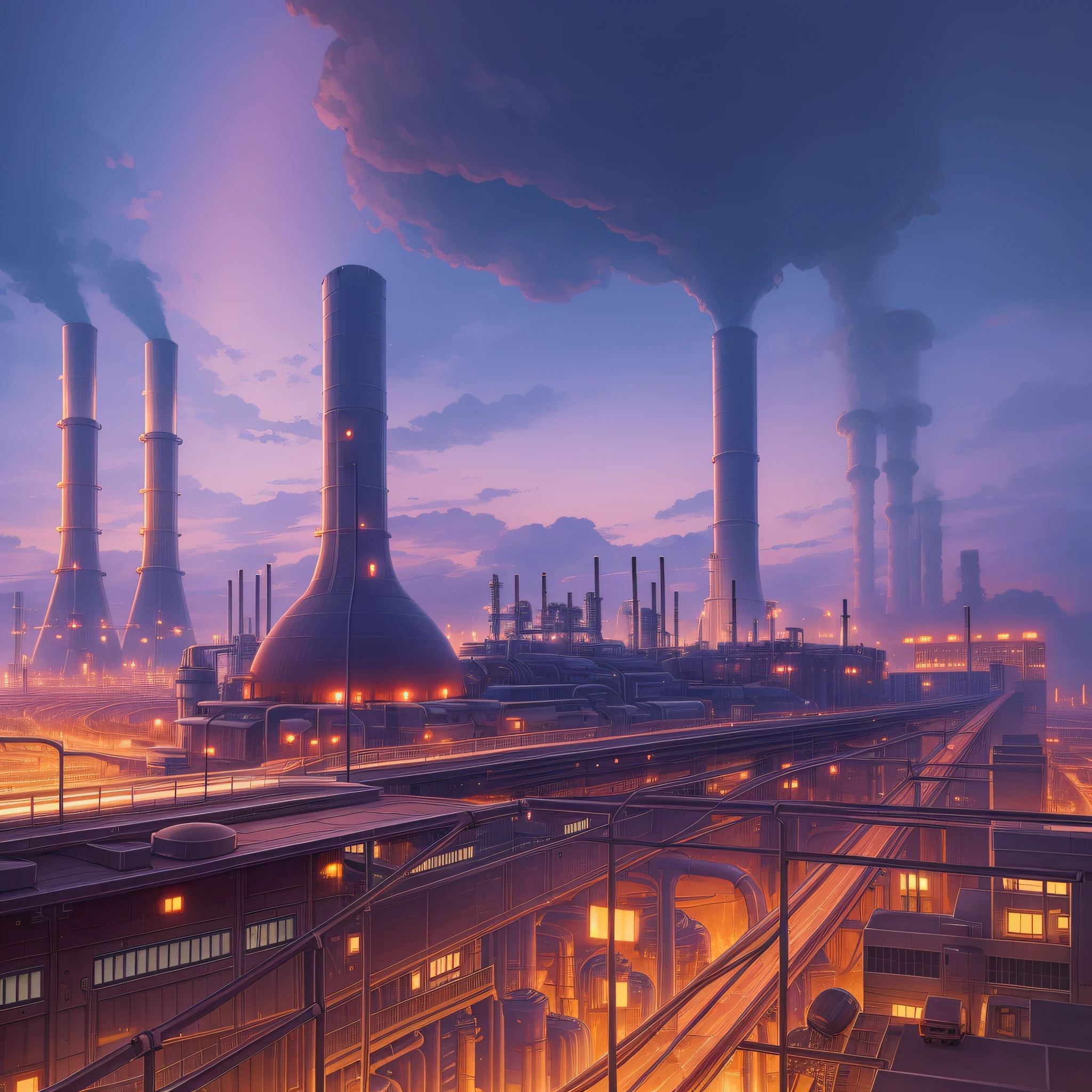 Mechanical-punk world, elevated highways, flying people, industrial thermal power plant in the distance, two cooling towers. The building has a band of light Build two cooling towers, and the sky has spaceships, speeding cars, people --auto --s2