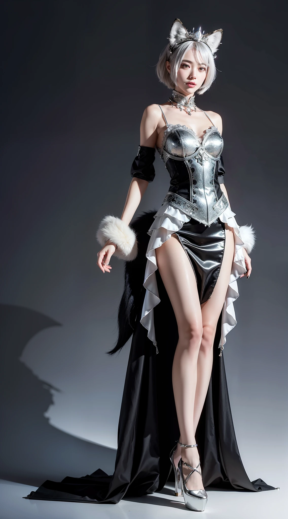 Broken [silver: white: 0.5] theme, ((gradient background: 1.1))),panorama, (((full body))), best quality, masterpiece, super high resolution, (realism: 1.4), absurdity, cinema lights, (best vista photos of mechanical girls), (anatomically correct), (wolf-shaped headdress)), ((glowing light)), silver, short hair, black eyes, smile, delicate tiara, (decoration with wolf pattern on clothes), ((silver shoes)), (((sideways))) , (koh_amberheard:0.9), Extremely detailed face, surrealism, steampunk, intricate design, extremely detailed, exquisite details, HDR (High Dynamic Range), ray tracing, perfect proportions