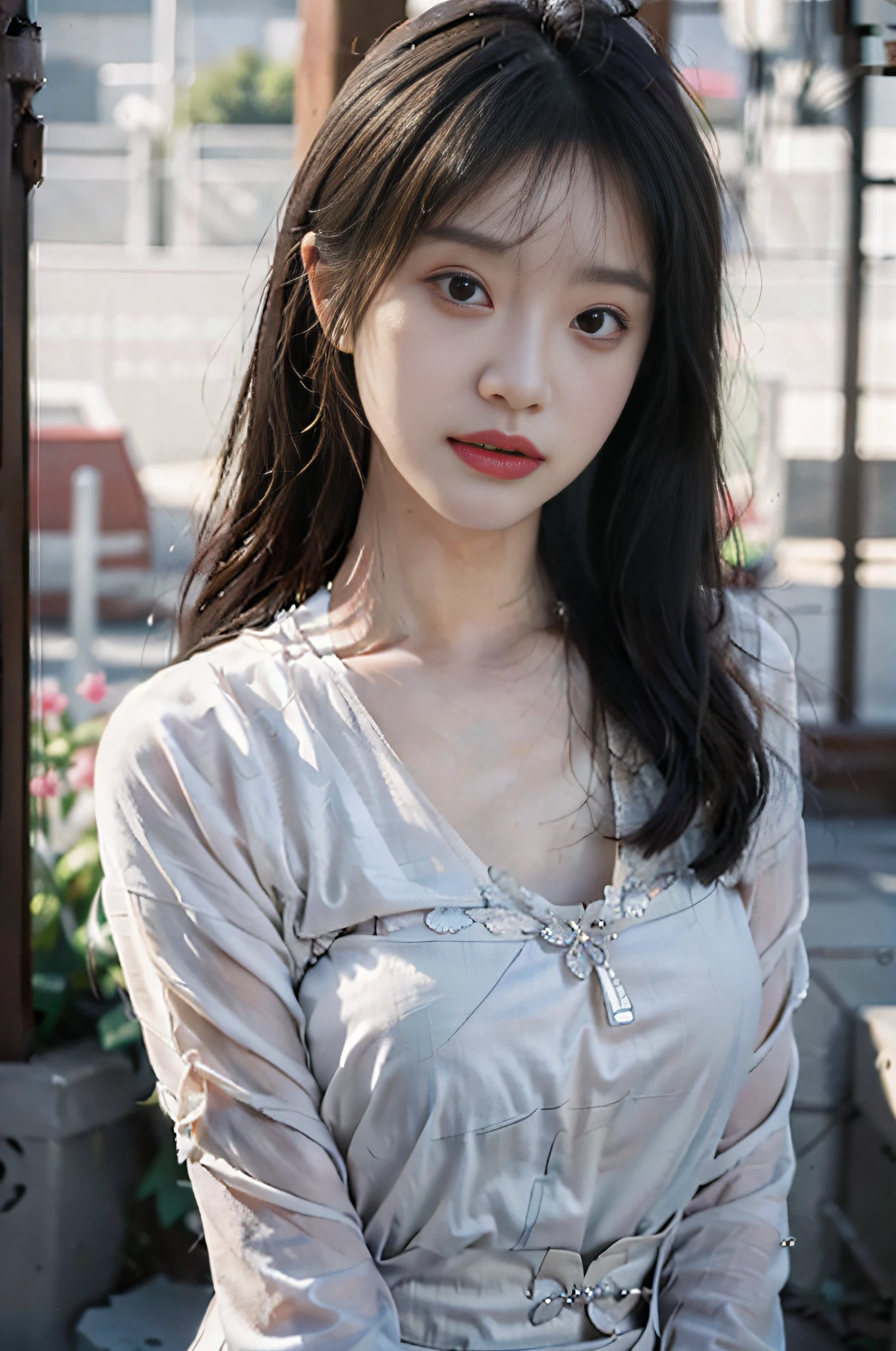 8K, Best Quality, Masterpiece, Ultra High Resolution, (Realism: 1.5), Original Photo, (True Skin Texture: 1.5), (Selfie Angle), 1 Girl, Beautiful Eyes and Face Detail, Masterpiece, Best Quality, Close Up, Upper Body, (8K, RAW photo, Photorealistic: 1.25), (Full Body, Lip Gloss, Eyelashes, Giny Face, Glossy Skin, Best Quality, Ultra High Resolution, Depth of Field, Chromatic Aberration, Caustics, Wide Light, Natural Shadow, Kpop idol), watch the audience with serenity and goddess-like happiness, highly detailed facial and skin texture, delicate eyes, double eyelids, whitened skin, long hair