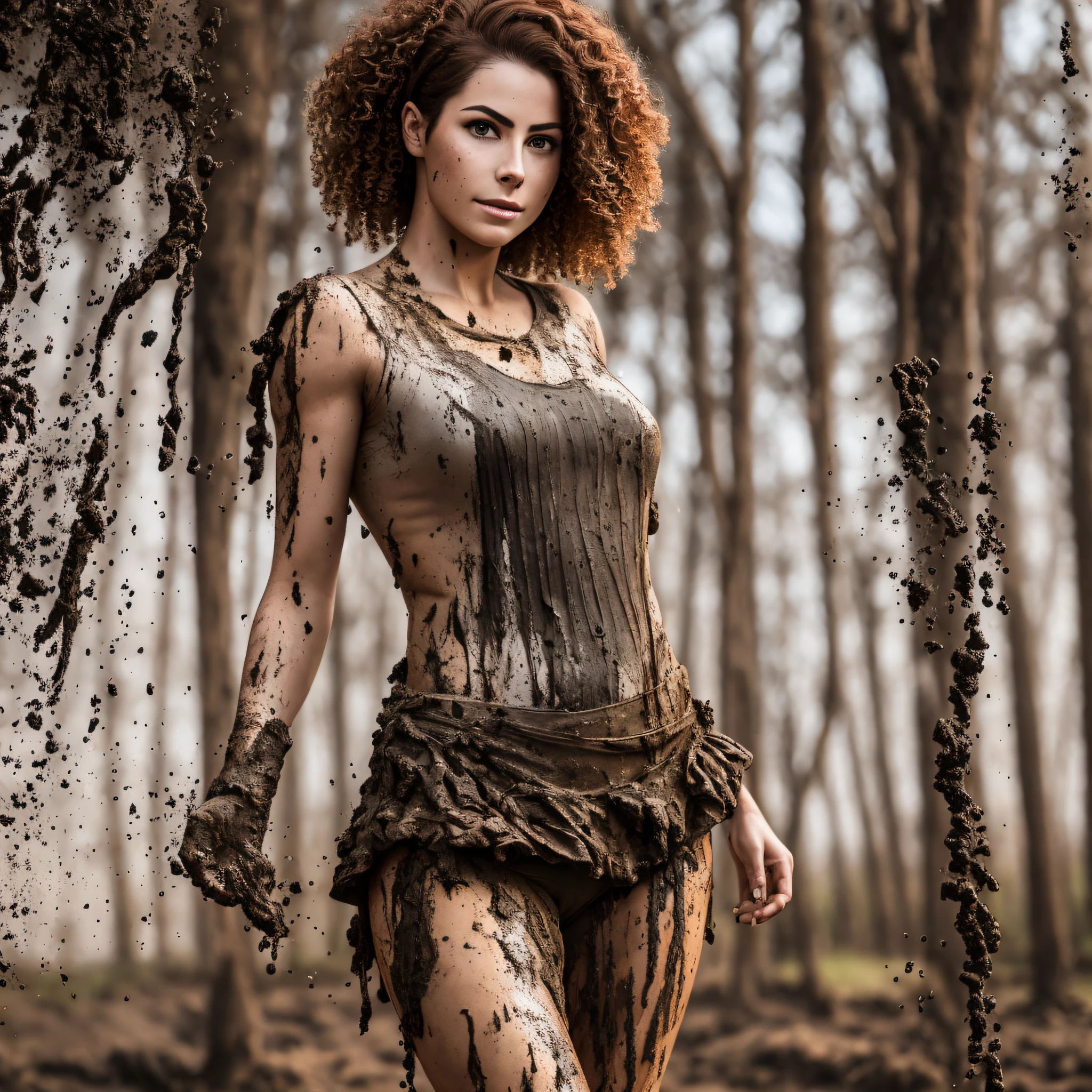 Hyperrealistic photography of a 30-year-old woman smeared with mud, Lena Meyer Landrut, tulle skirt smeared with mud, dance pose, pointe shoes smeared with mud, the entire body, red curly hair and clothes are smeared with mud, high quality, realistic lighting, center of the image, hourglass proportions, 8k, HDR, BDSM, medium chest size, long legs, tinted, professional photography of a woman, natural skin texture smeared with a lot of mud,  4K textures, Adobe Lightroom, Photolab, HDR, intricate, elegant, very detailed, sharp focus, insane detail, intricate details, hyper-detailed, bright cinema light, outdoor atmosphere, chin pulled up, (exposed belly: 1.8), (long-distance), dominant facial expression