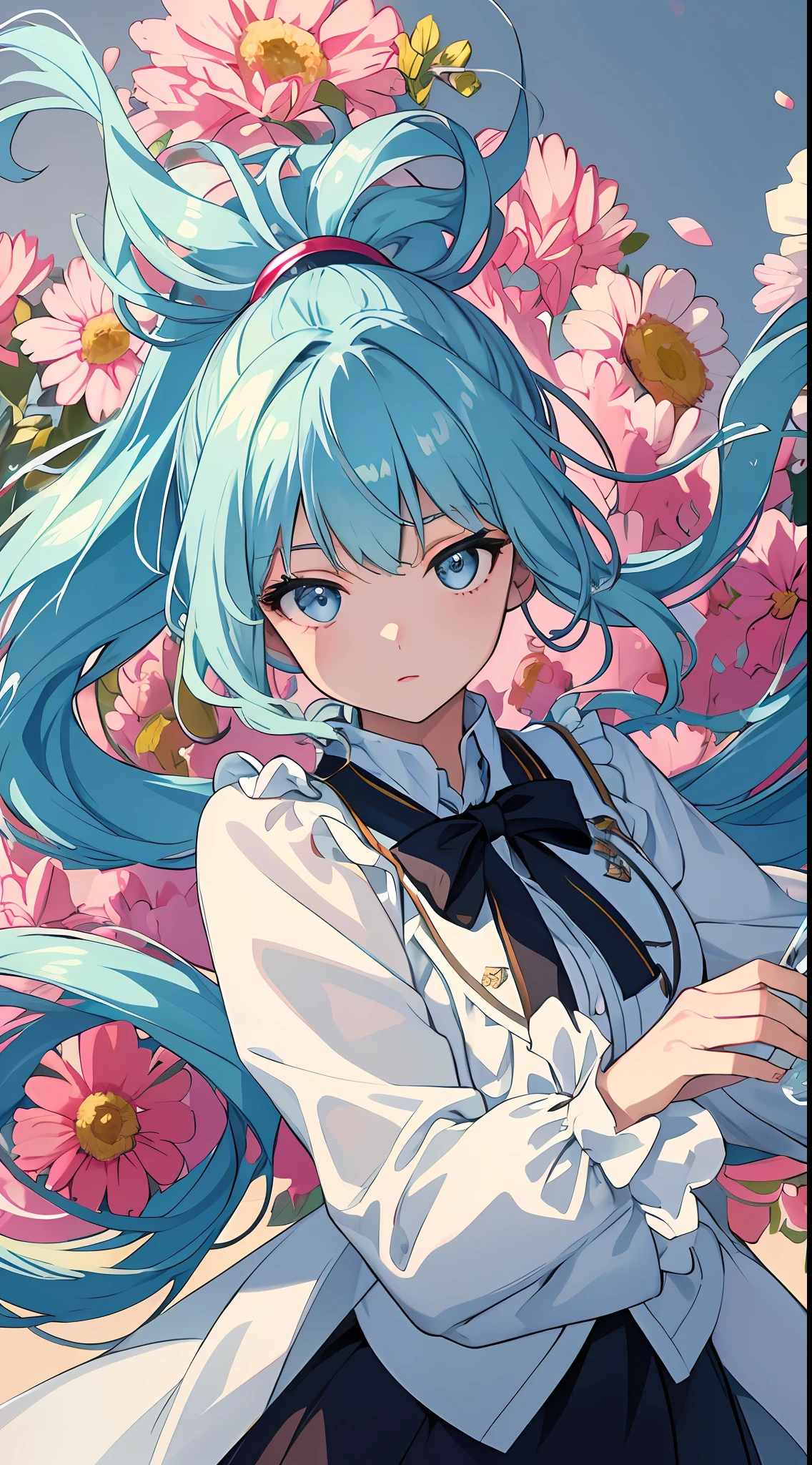 (masterpiece), (best quality), (ultra detailed),(disheveled hair),(illustration), (1girl), (Fashionable clothing), standing, Fashion model, looking at viewer, (interview), (simple background),beautiful detailed eyes, delicate beautiful face, Floating,(high saturation),(colorful splashes),colorful bubble,(shining), focus on face, ponytail, kamisato ayaka, light blue hair, bangs, hair ring, floating flowers, floating hairs, (shining), best lighting, best shadow,