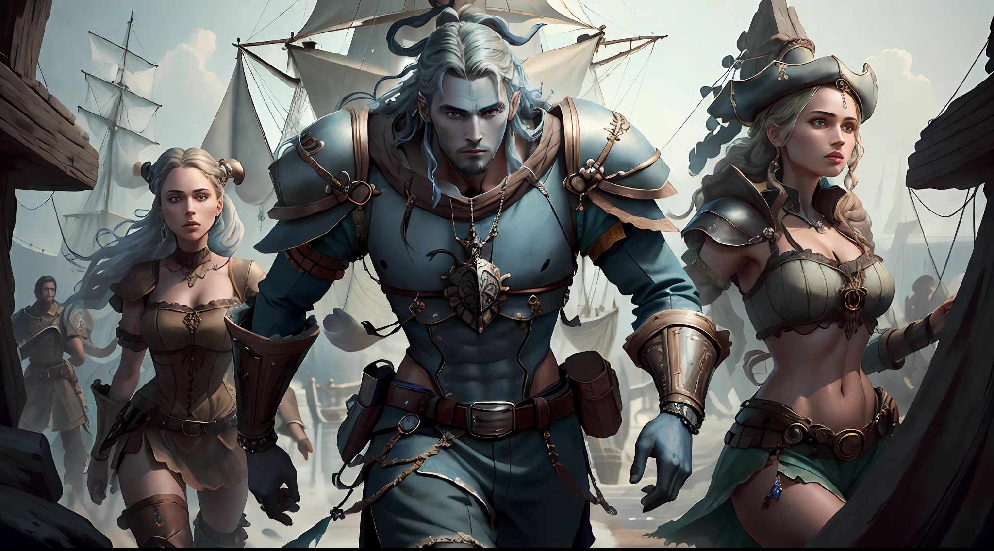 (((Multi-person interaction, with male and female))), (Highly detailed RAW color photo, ridiculous resolution, high resolution, super detailed), ((r 9 6 angles)), blue skin, handsome, fearless and brave expression, mature, thin shoulders, very thin body, black captive dark pirate hat, white dirty braids, vibrant green eyes, (detailed eyes and detailed face), extremely detailed 8k photo, (full body: 0.9), beautiful woman, overboard, offboard background, detailed face, (Medieval Fantasy Theme: 1.3), Light Blue Pirate Theme Armor with Highly Intricate Details, Blue Pants, Ship in the Background, Inside the Ship, Deck of the Ship, Inspired by Dungeons & Dragons, Digital Artwork, Surreal, Photography, Soft Lighting, Soft Detail, Octane, ArtStation Trend, Ultra High Detail, Surreal, Movie, 16k,