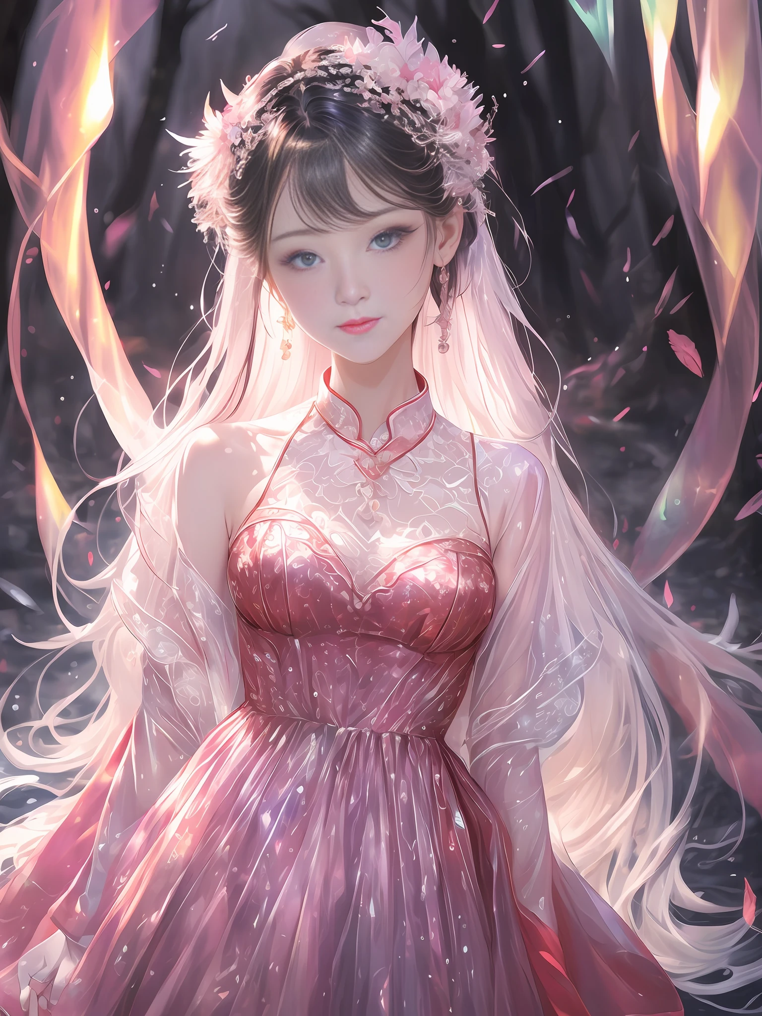 (best quality, masterpiece, high resolution, glow, flood, lens glare, wide angle), sunlight, full body, 1 [Chinese|Russian|Japanese|Korean] girl, ((plum:1.1) clothes), necklace, jewelry, long hair, earrings, super delicate face, beautiful face, full face blush, perfect eyes (very long eyelashes: 1.4), giggle, glowing pupils, (white stockings: 0.9), realism, (high detail skin: 1.2), 8k ultra hd, DSLR, high quality, volumetric lighting, frank, high resolution, 4K, 8K, background bokeh, dream forest, radiant garlic, feather drop effect, morning, foreground, f/16