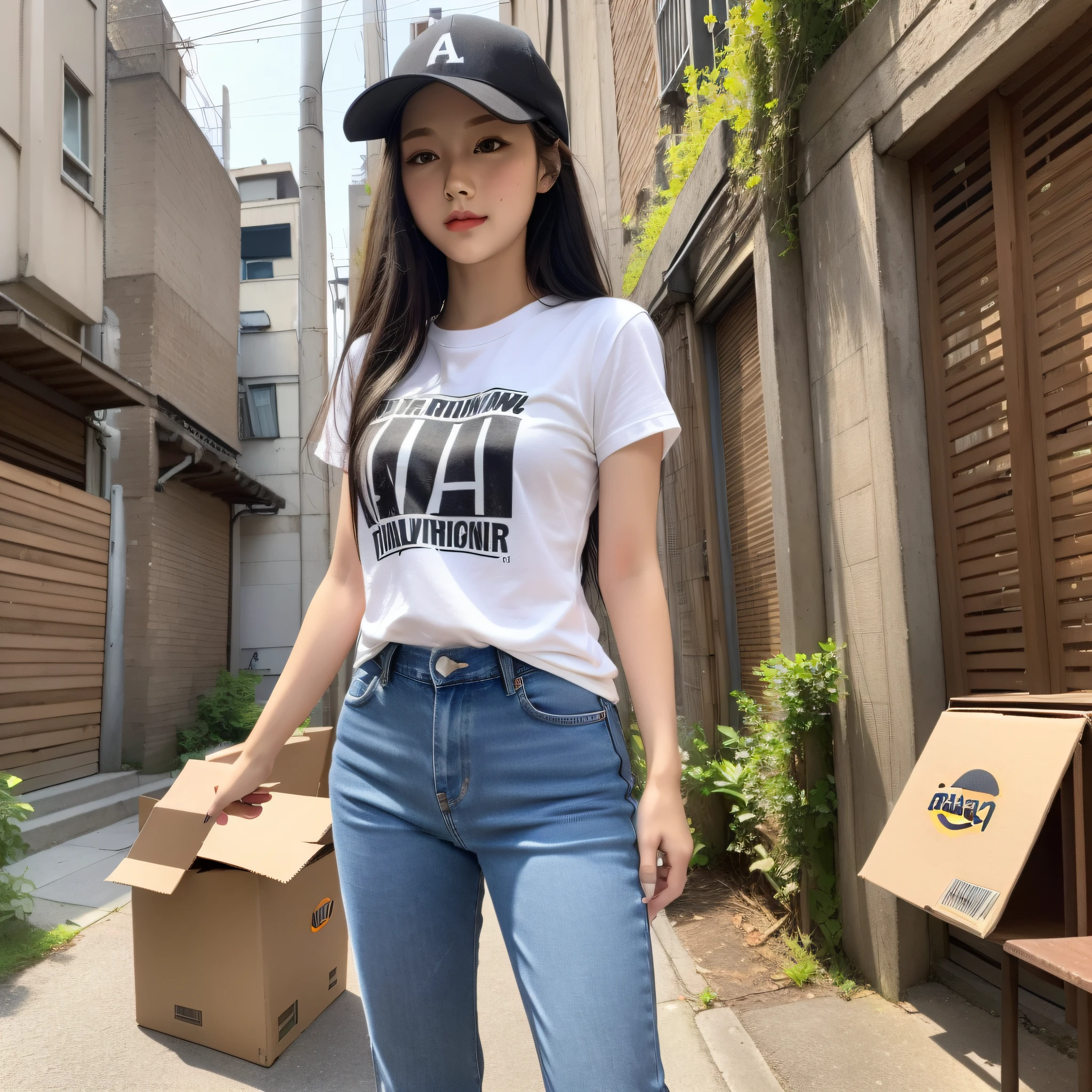 (masterpiece, best quality, highly detailed, ultra detailed, high resolution, absurdres, 4K, 8K:1.2), (official art, incredibly fine illustration, extremely detailed CG, detailed background, cinematic lighting, dynamic angle, perfect hands, detailed shiny skin, detailed hair, detailed eyes),
BREAK
1girl, cute,
POV, from front,
standing, carrying small cardboard box, T-shirt, denim pants, black hair, baseball cap,
outdoor, local residential street, (parked van:1.3), many cardboard boxes, amazon logo,
serious, (laugh:0.8), sweat,