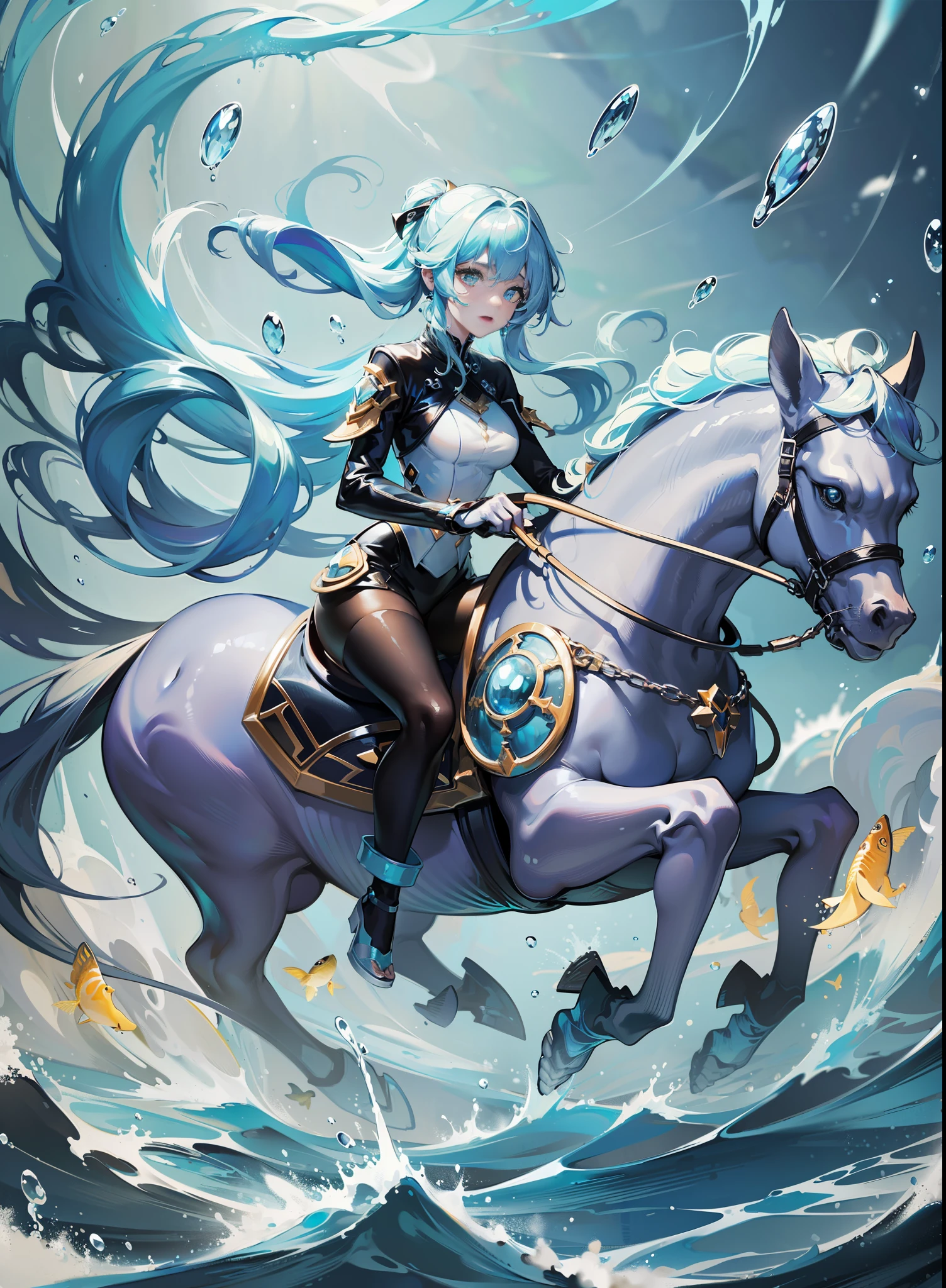 (masterpiece, top quality, best quality, official art, beautiful and aesthetic,1girl,:1.2),(1 girl: 1.3), wide angle, (fractal art: 1.3), (riding a motorcycle and galloping on the seabed: 1.5), deep sea, (iridescent hair, colorful hair, half white and half light blue hair:1.2), Masterpiece background, deep sea, glowing deep sea, deep sea fish bubbles, splashing, colorful, seabed transfer, transparency