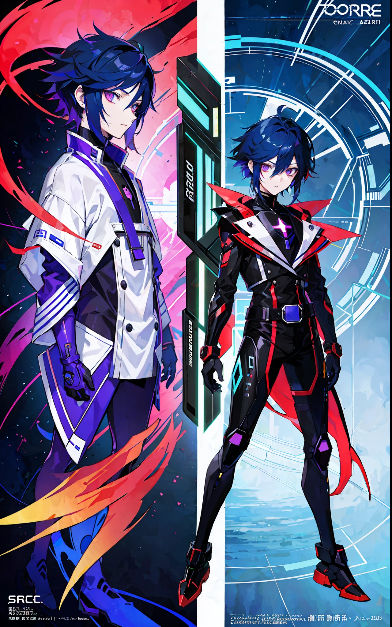 glitchcore, oc design, original character, male, androgenous, unique design, unique hair, fullbody, back and front view, comprehensive viewage, reference sheet, weirdcore, comic artstyle, manga artstyle, expirimental artstyle, modern clothes, scenecore aesthetic, action pose