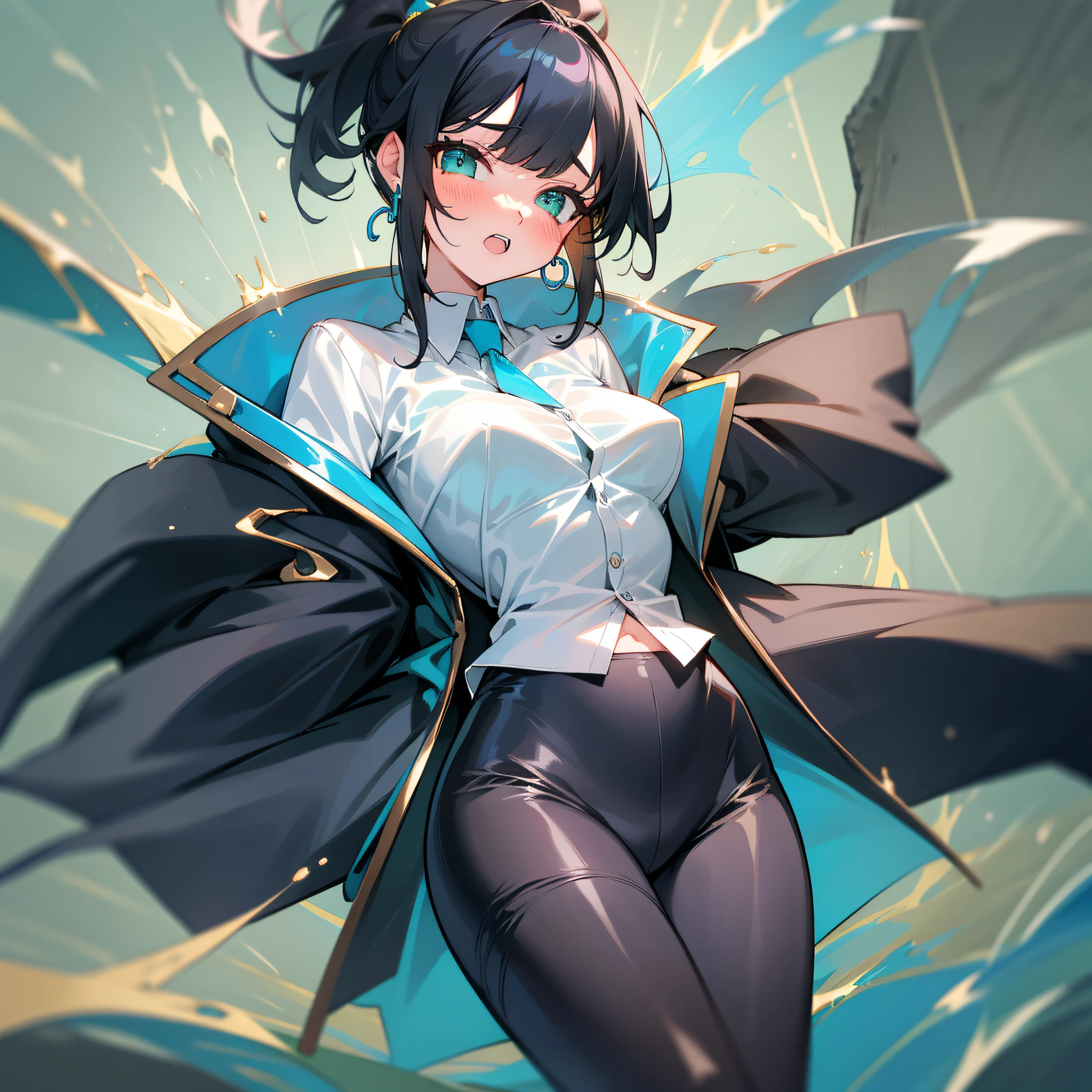 High ponytail, black hair, girly, green eyes, golden earrings, blushing, slightly open mouth, white shirt, black long-sleeved trench coat, black leggings, lace leggings, the whole body is soaked in blue viscous liquid, clothes are dissolved, legs are slightly open, the bottom is filled with liquid, very comfortable, clothes dissolve, one hand pinches his chest