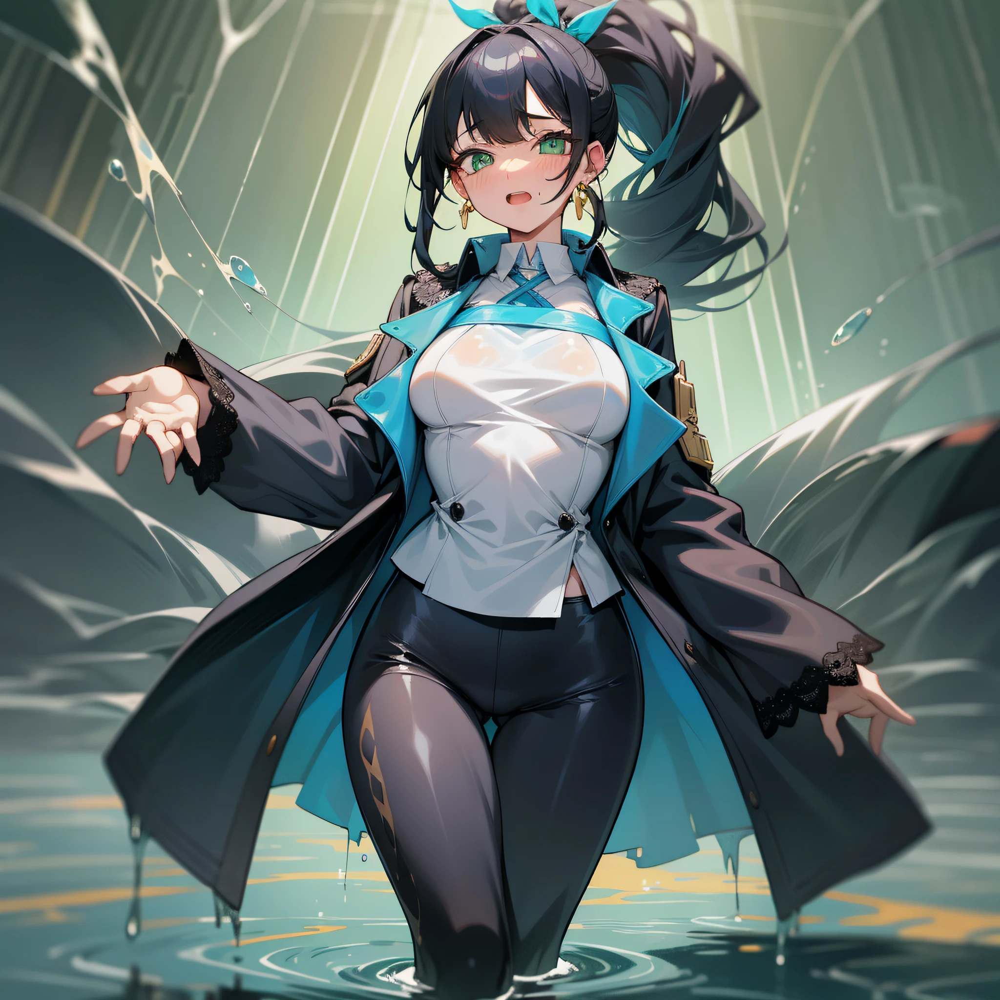 High ponytail, black hair, girly, green eyes, golden earrings, blushing, slightly open mouth, white shirt, black long-sleeved trench coat, black leggings, lace leggings, the whole body is soaked in blue viscous liquid, clothes are dissolved, legs are slightly open, the bottom is filled with liquid, very comfortable, clothes dissolve, one hand pinches his chest
