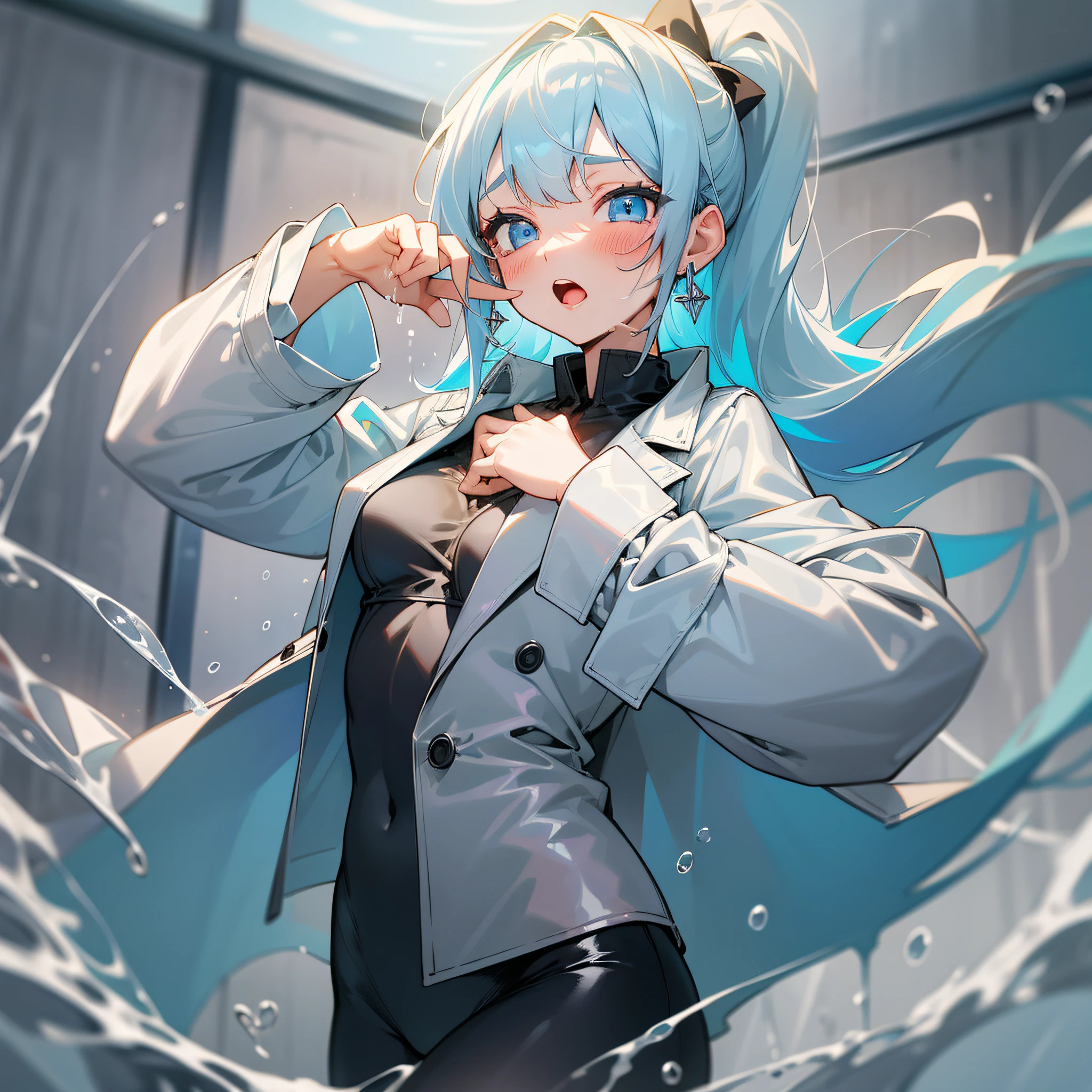 High ponytail, light blue hair, girly, light blue eyes, blonde earrings, blush, slightly open mouth, white shirt, black long-sleeved trench coat, black leggings, lace, the whole body is soaked in blue liquid, the clothes are dissolved, the legs are slightly open, the bottom is filled with liquid, very comfortable, the clothes are dissolved, one hand pinches his chest, the fingers of the other hand reach into the mouth, the clothes are soaked to reveal the black underwear underwear underwear inside,