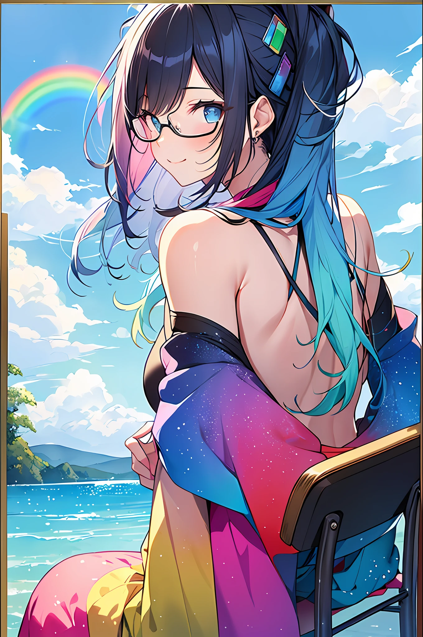 (Masterpiece, Best Quality, Best Quality, Watercolor (Medium), Official Art, Beautiful and Aesthetic: 1.2), (1 Girl: 1.3), (Fractal Art: 1.3), Full Body, (Chair), ((Back View)), Pattern, (Irridescent Hair, Colorful Hair, Half Blue and Half Pink Hair: 1.2), Blue Sky, Clouds, Colorful, Smile, Glasses, Close Up, Heterochromia, (Colorful: 1.5), (Shy Face), (Rainbow)), (( Clothes with a wide open back))