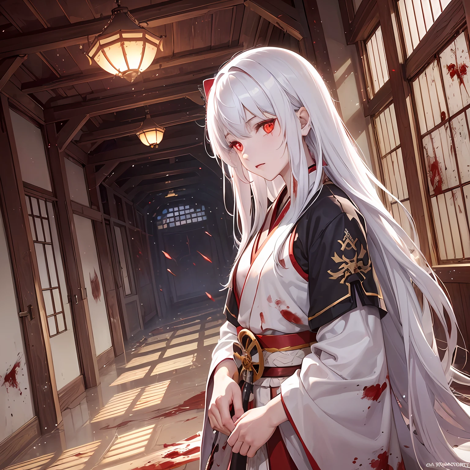 (best quality:1.4), (best lighting), (best artist:1.3), (best desinger), (best scenario), (1boy), long white hair, (shimmering red glowing eyes:1.2), cinematic lighting, abandoned place scenery background, wearing old samurai robes (with some blood splatters:1.1)
