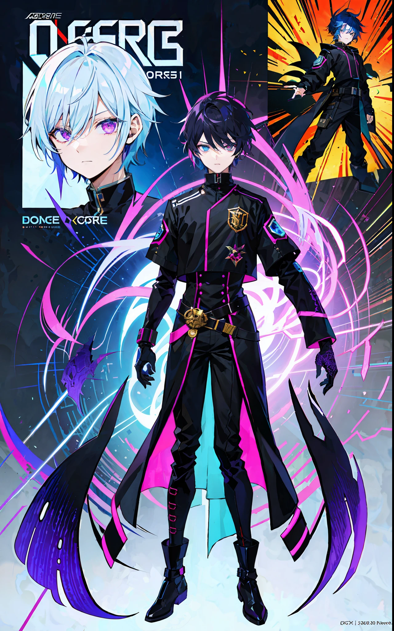 glitchcore, oc design, original character, male, androgenous, unique design, unique hair, fullbody, back and front view, comprehensive viewage, reference sheet, weirdcore, comic artstyle, manga artstyle, expirimental artstyle, modern clothes, scenecore aesthetic, action pose
