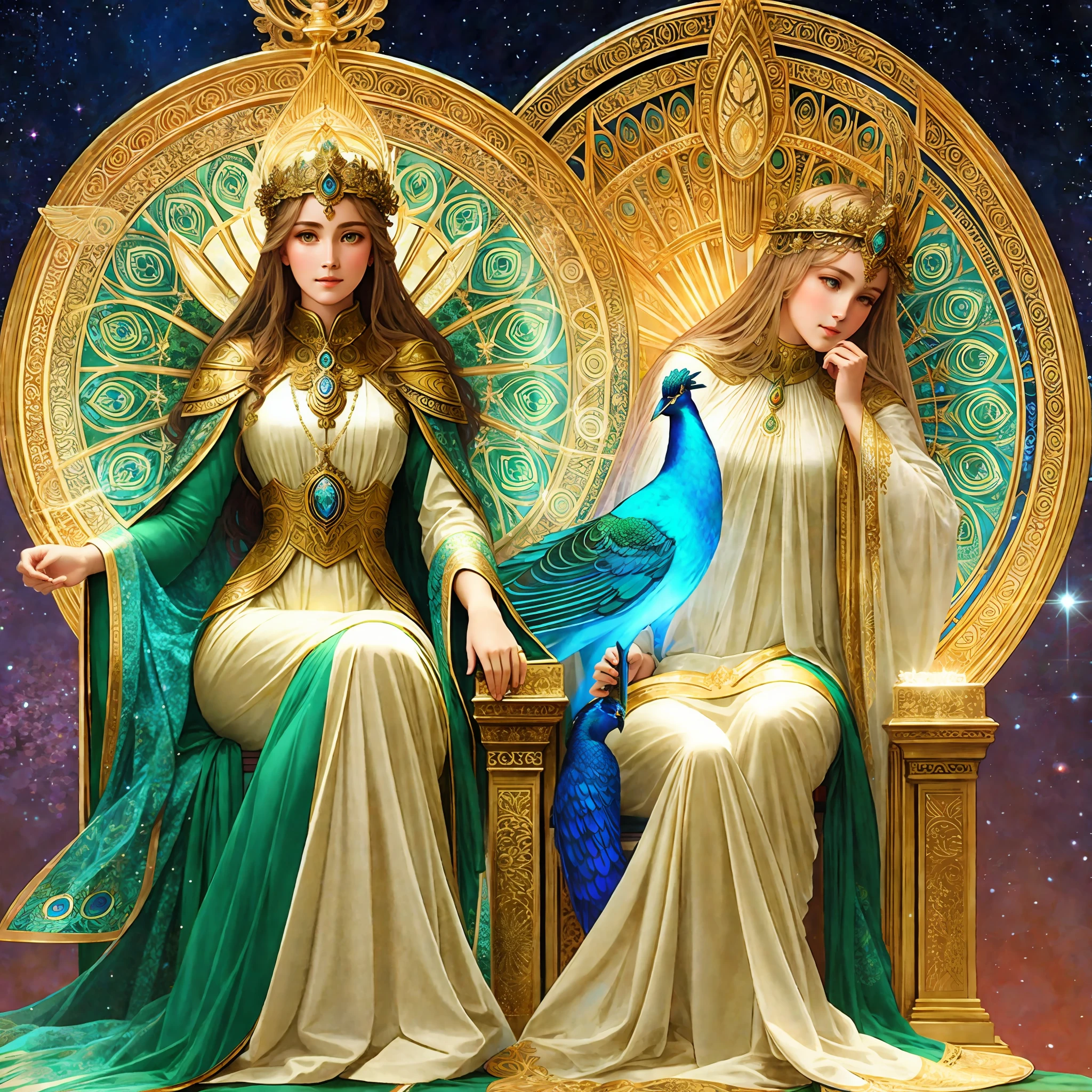 sitting on a chair, goddess, majesty in power, beautiful, medieval, Mucha, best quality, halo, light, planet, earth, shining angel on back, rose, peacock, realistic