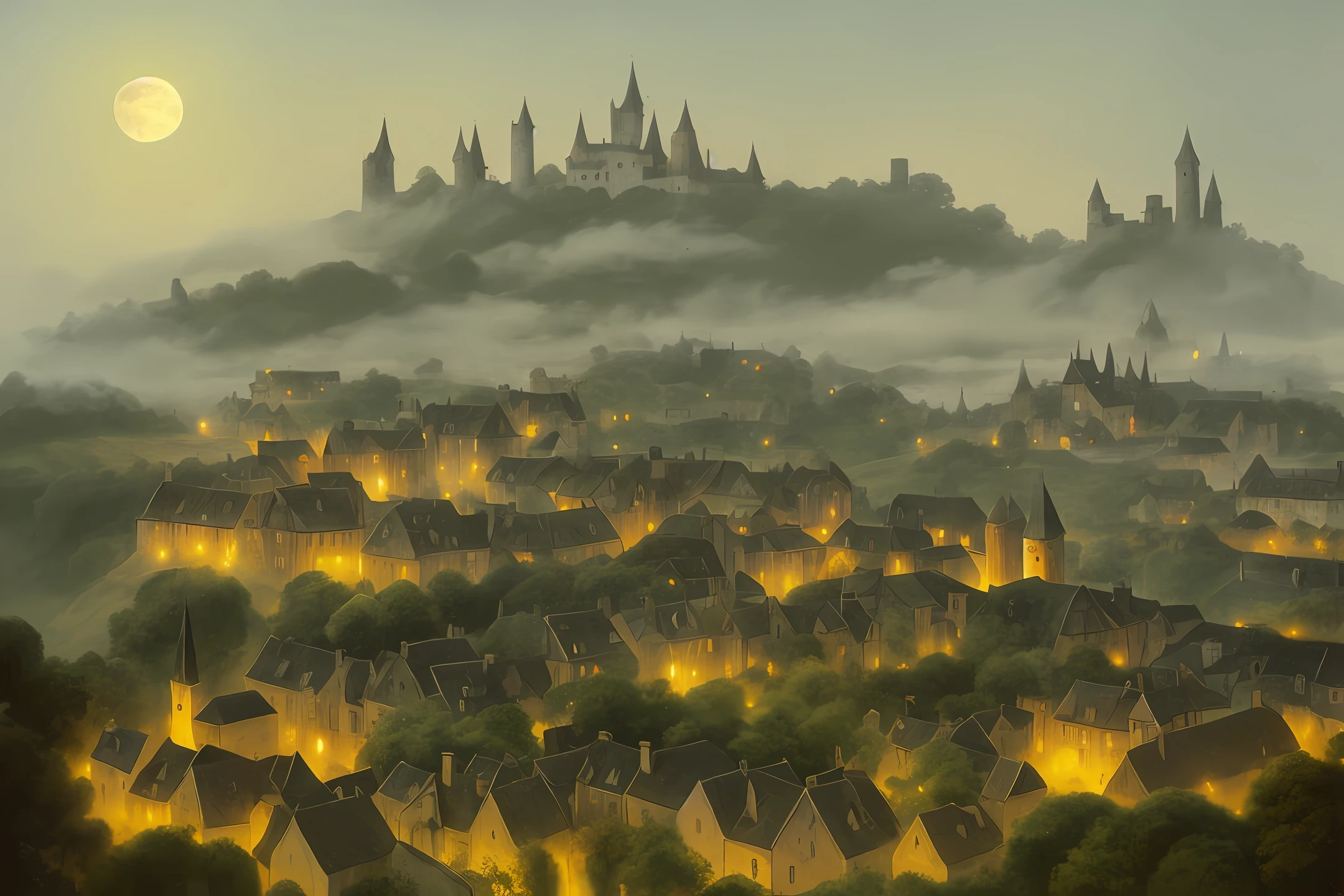 Old village with distant castle, old houses, church, night, full moon, fog