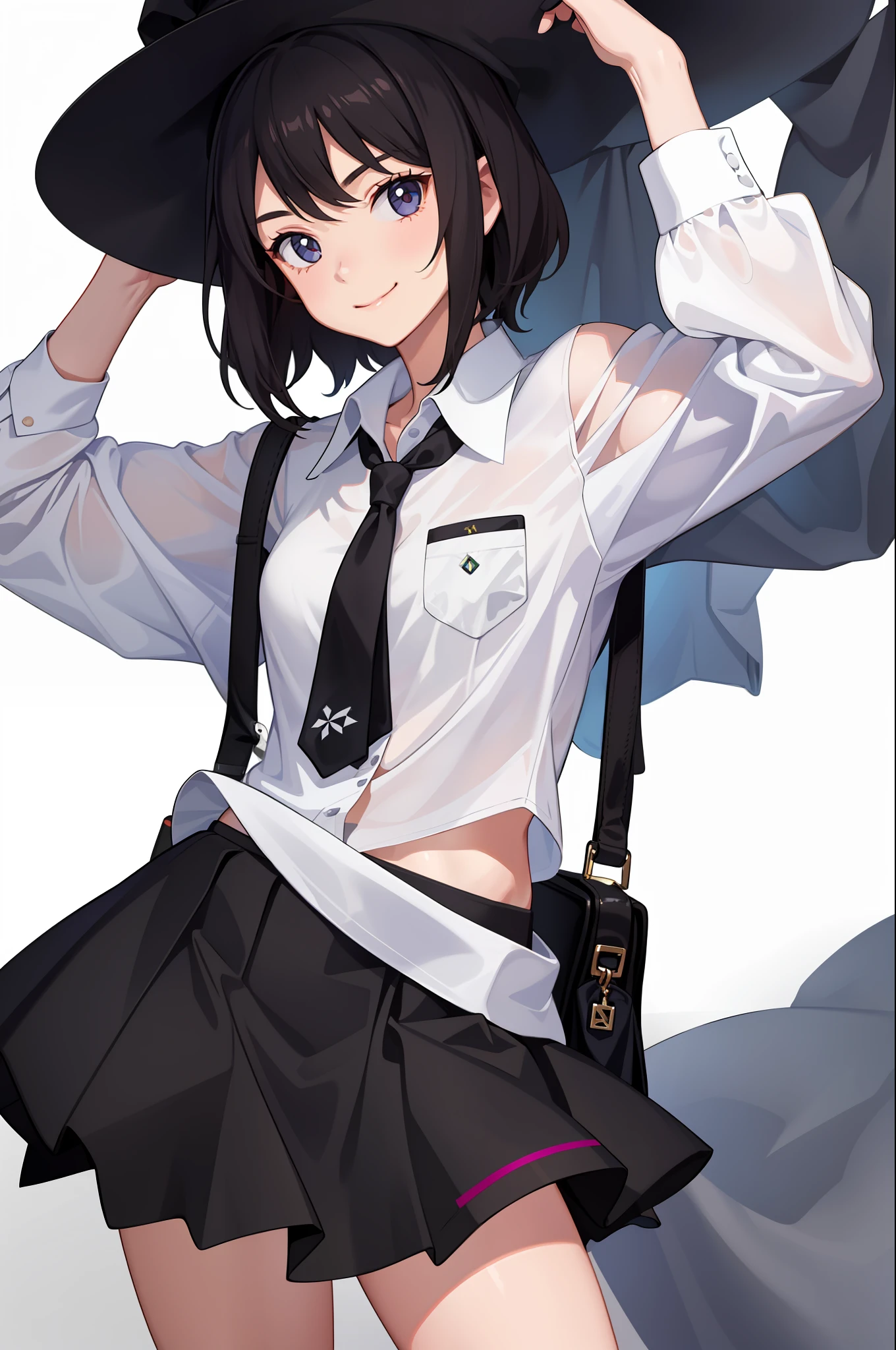 1 girl, smile, shirt, skirt, (small) chiralism,