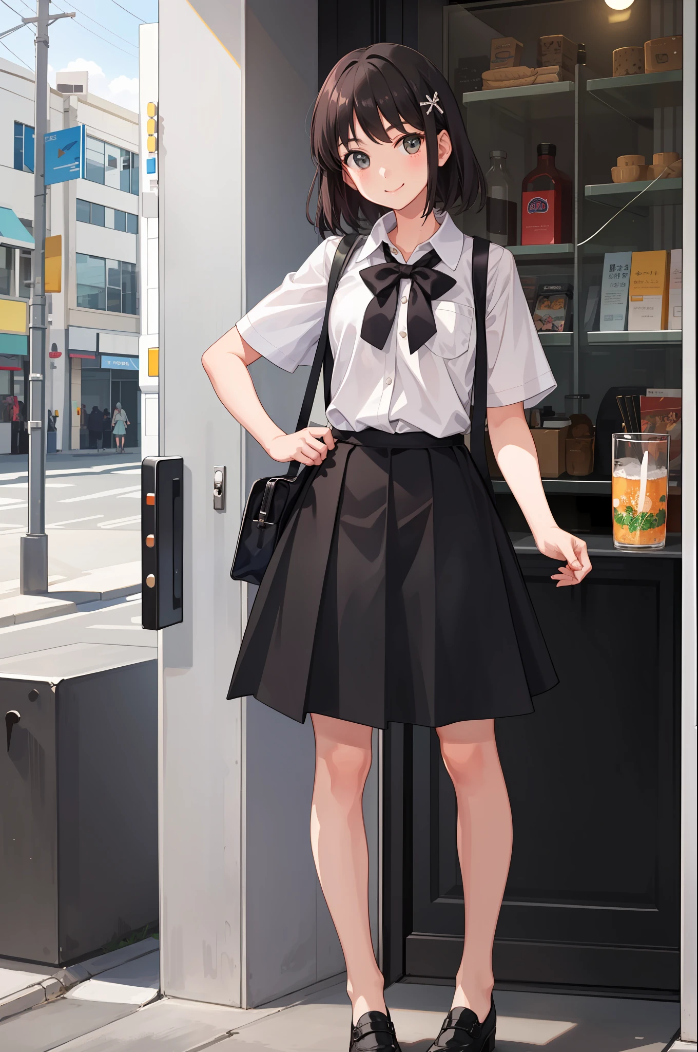 1 girl, smile, shirt, skirt, (small) chiralism,