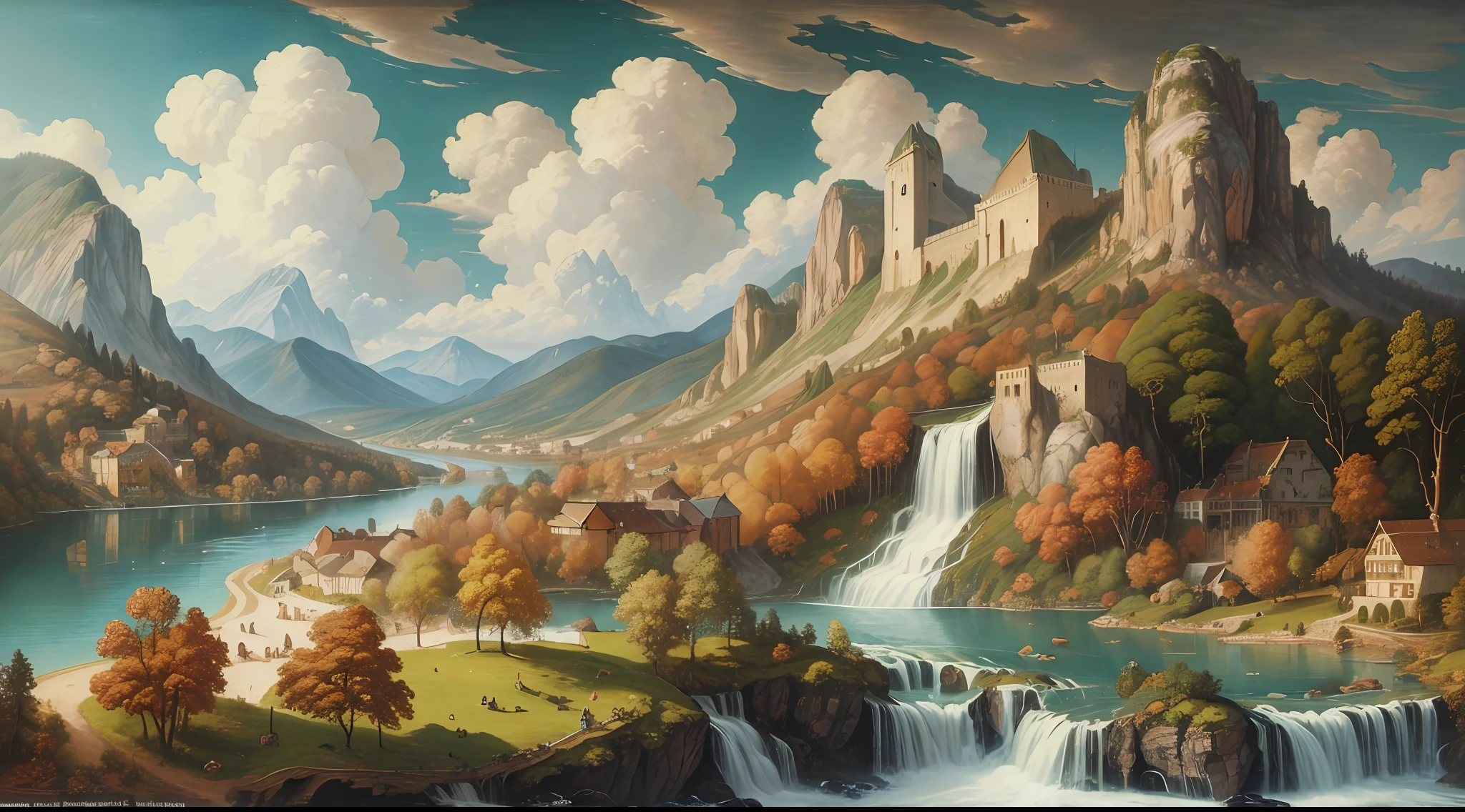 Leonardo da Vinci oil painting, magnificent, mountains, waterfalls, forests, white clouds, lakes, villages, 8K, fine details, high definition --auto --s2