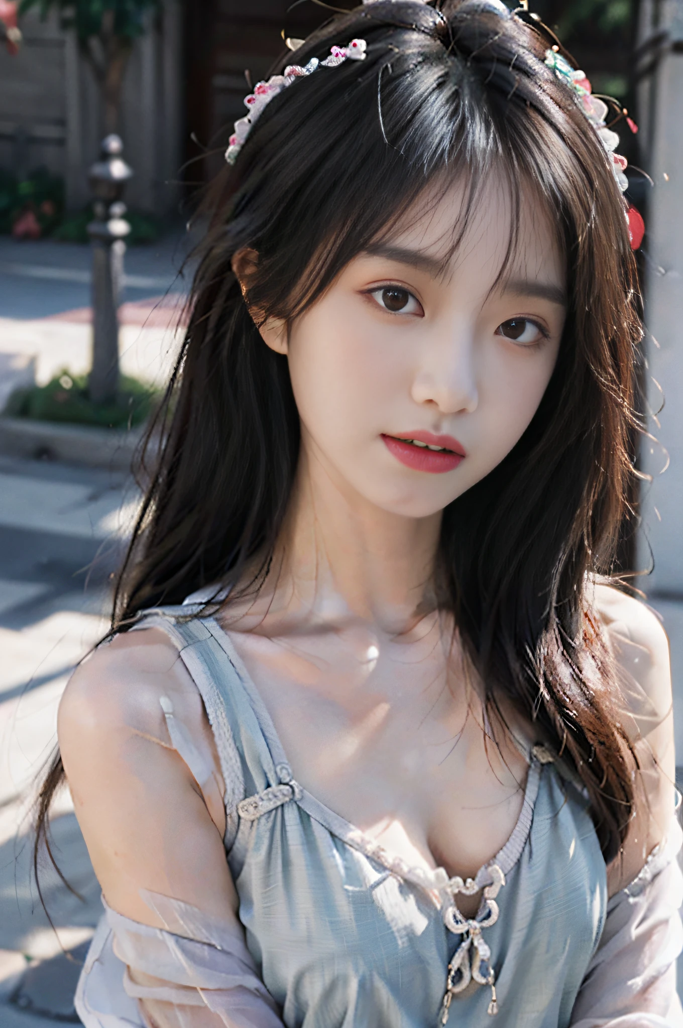 8K, Best Quality, Masterpiece, Ultra High Resolution, (Realism: 1.5), Original Photo, (True Skin Texture: 1.5), (Selfie Angle), 1 Girl, Beautiful Eyes and Face Detail, Masterpiece, Best Quality, Close Up, Upper Body, (8K, RAW photo, Photorealistic: 1.25), (Full Body, Lip Gloss, Eyelashes, Giny Face, Glossy Skin, Best Quality, Ultra High Resolution, Depth of Field, Chromatic Aberration, Caustics, Wide Light, Natural Shadow, Kpop idol), watch the audience with serenity and goddess-like happiness, highly detailed facial and skin texture, delicate eyes, double eyelids, whitened skin, long hair
