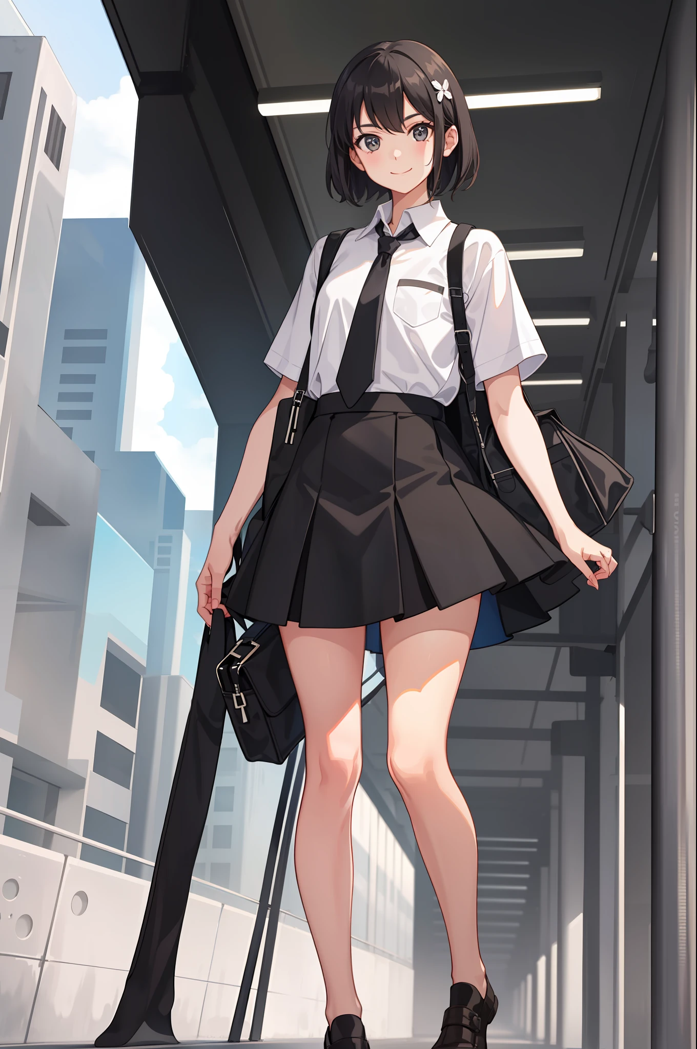 1 girl, smile, shirt, skirt, (small) chiralism,