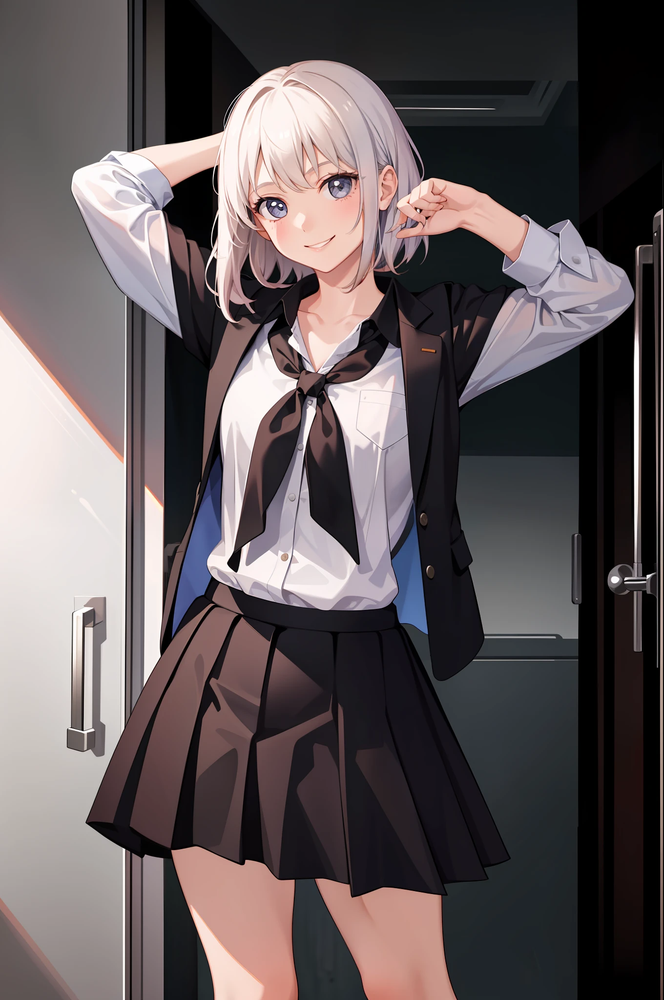 1 girl, smile, shirt, skirt, (small) chiralism,