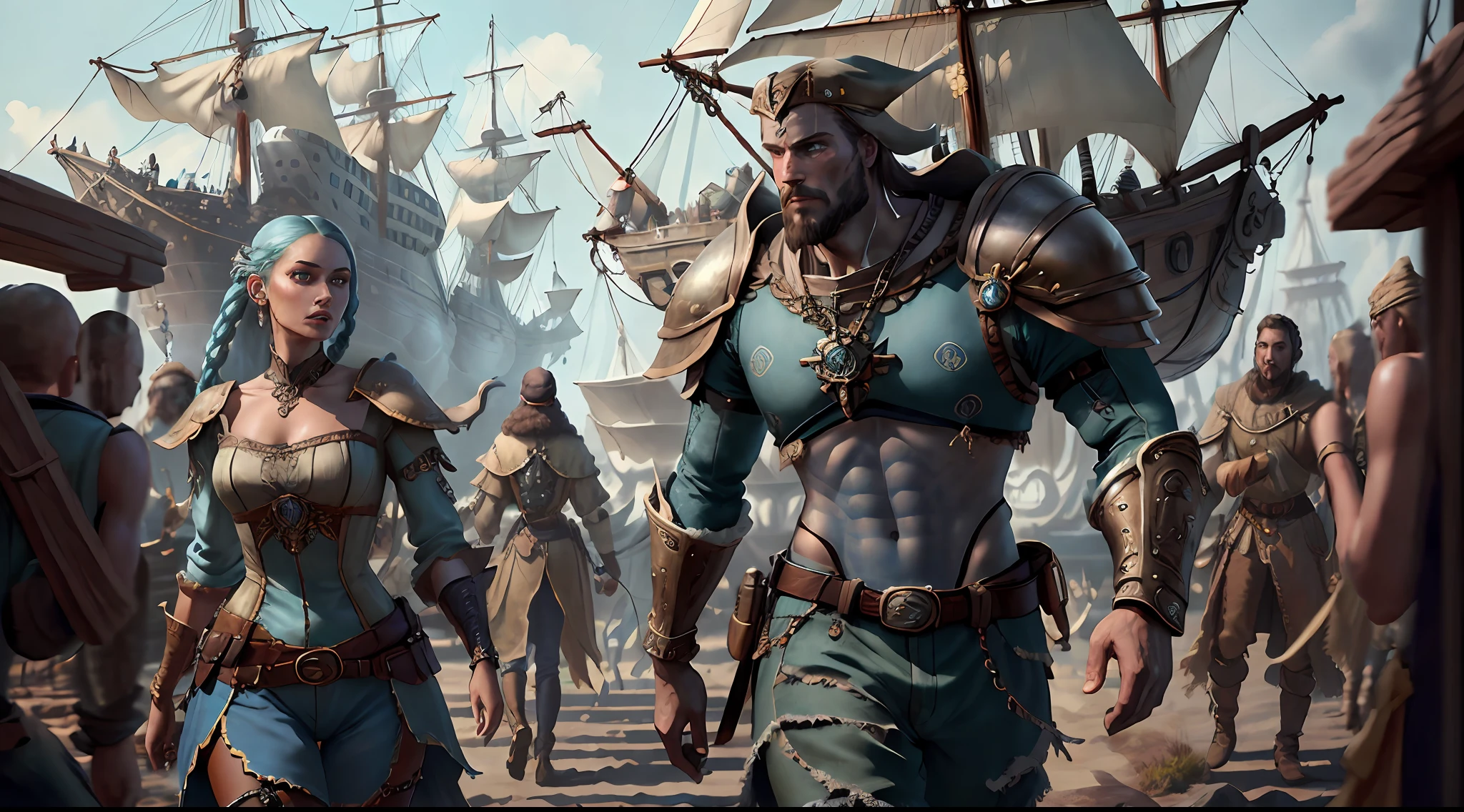 (((Multi-person interaction, with male and female))), (Highly detailed RAW color photo, ridiculous resolution, high resolution, super detailed), ((r 9 6 angles)), blue skin, handsome, fearless and brave expression, mature, thin shoulders, very thin body, black captive dark pirate hat, white dirty braids, vibrant green eyes, (detailed eyes and detailed face), extremely detailed 8k photo, (full body: 0.9), beautiful woman, overboard, offboard background, detailed face, (Medieval Fantasy Theme: 1.3), Light Blue Pirate Theme Armor with Highly Intricate Details, Blue Pants, Ship in the Background, Inside the Ship, Deck of the Ship, Inspired by Dungeons & Dragons, Digital Artwork, Surreal, Photography, Soft Lighting, Soft Detail, Octane, ArtStation Trend, Ultra High Detail, Surreal, Movie, 16k,