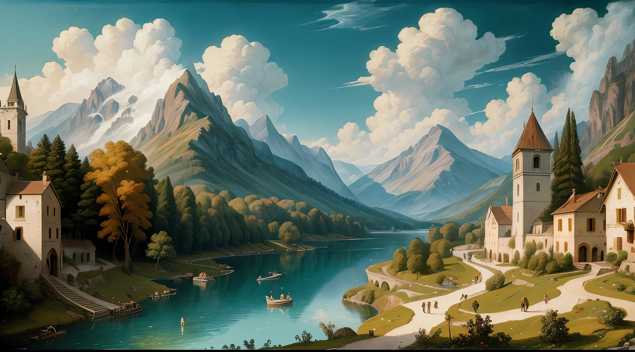 Leonardo da Vinci oil painting, magnificent, mountains, waterfalls, forests, white clouds, lakes, villages, 8K, fine details, high definition --auto --s2