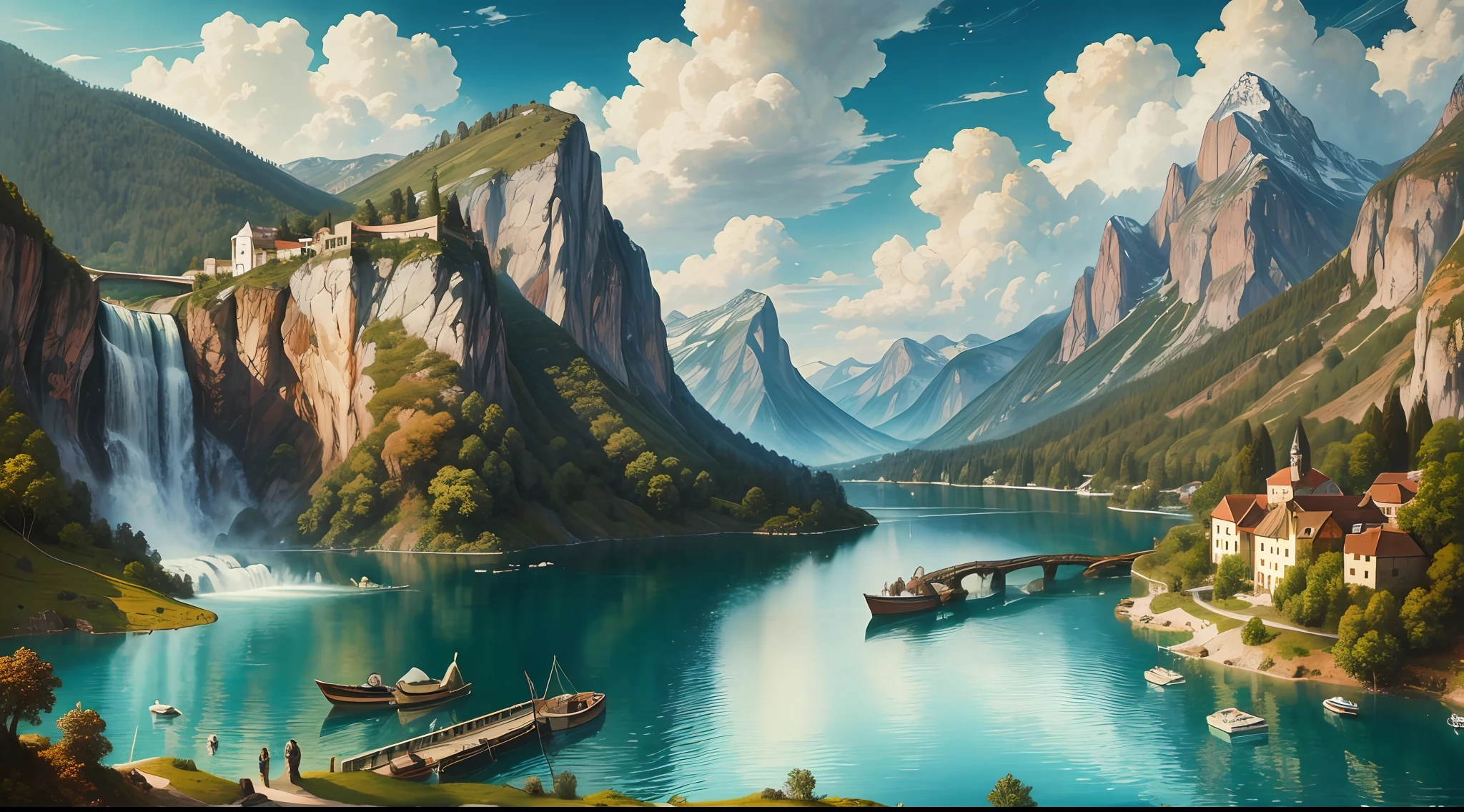 Leonardo da Vinci oil painting, magnificent, mountains, waterfalls, forests, white clouds, lakes, villages, 8K, fine details, high definition --auto --s2