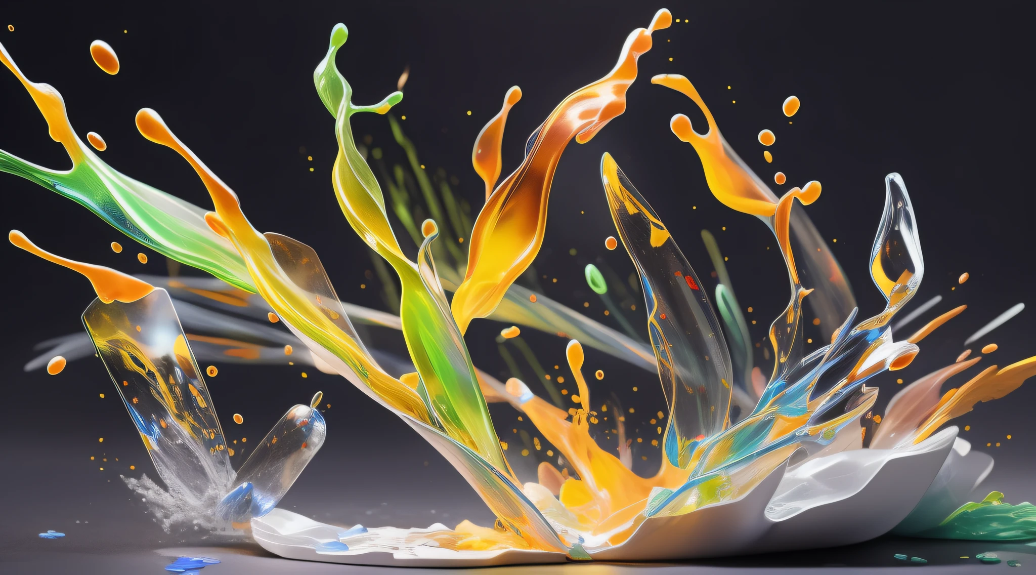 (translucent glass material), colored paint explodes in all directions, has a 3D effect, splashes of paint, subjective perspective, pure black background