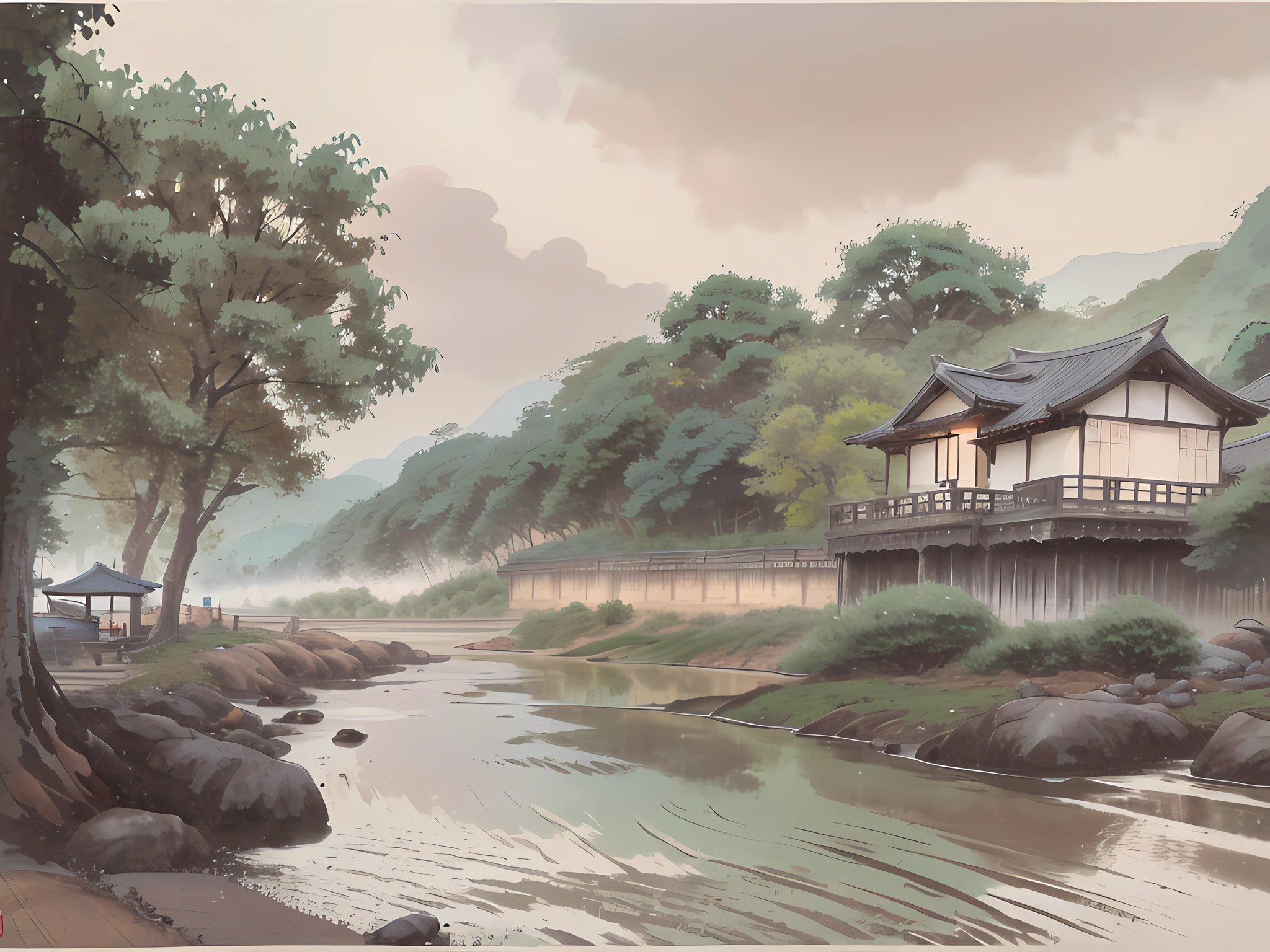 painted in oil, depicting a nostalgic and emotionally charged landscape. A serene river meanders through a Japanese village on a rainy day. The rich, textured brushstrokes capture every detail, while the soothing color palette evokes calm. The old village, with weathered wooden houses, bears witness to centuries of history. A bent fisherman casts his line patiently. Light filtered by rain creates a diffuse atmosphere --auto --s2